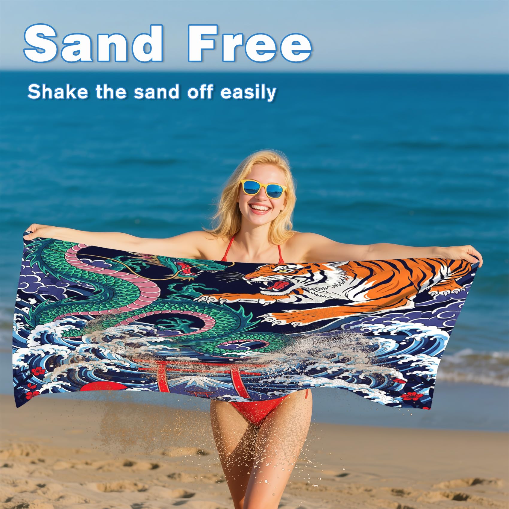 Serviette de Plage XXL Microfibre Dragon Tigre Style Japonais Torii Gate, Drap de Plage Séchage Rapide Anti Sable & Légère, Serviette de Bain Grande Taille 150x200 cm, Cadeau été