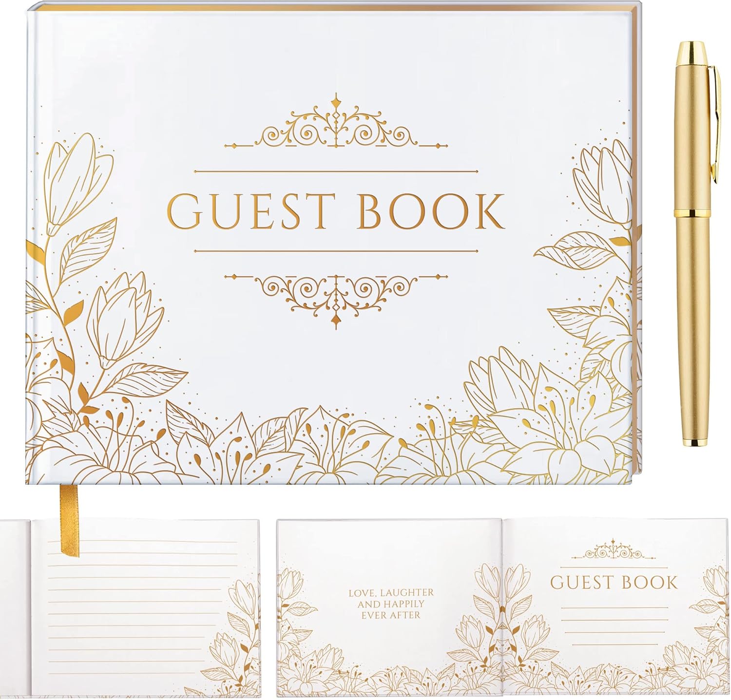 Gold Floral Wedding Guest Book, Wedding Guestbook with Gold Pen, Guest Book Wedding