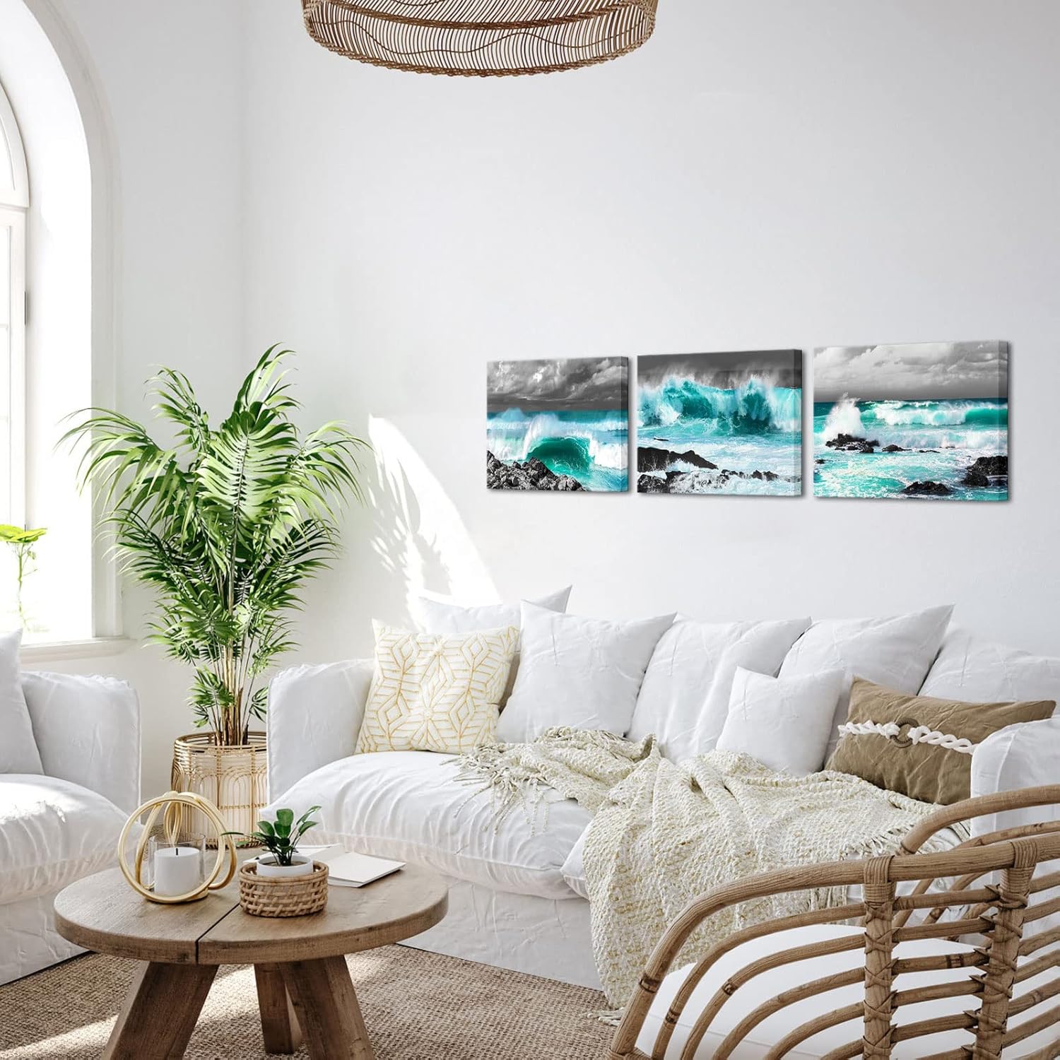 OuElegent 3 Piece Ocean Canvas Wall Art Sea Wave Water Painting Pictures Teal and Grey Prints Artwork for Living Room Bedroom Office Wall Decor Framed Ready to Hang