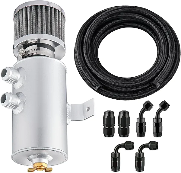 EVIL ENERGY 10AN Oil Catch Can, 750ml Breather Tank with AN10 Fuel Line Kit Nylon Braided CPE 10FT, 2 Port Oil Separator Catch Can Universal