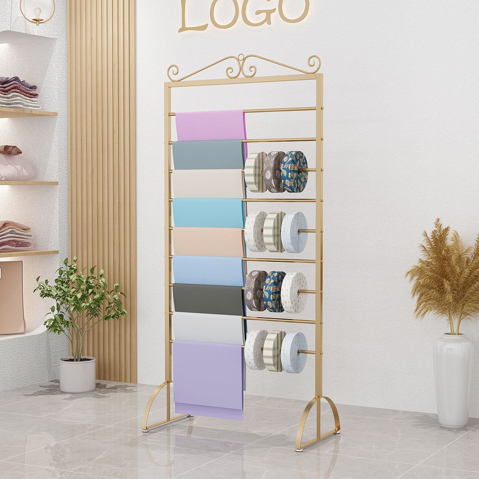 Genérico Dwustronny stojak na szaliki podłogowe: wielofunkcyjny wieszak na ubrania do przechowywania szali i tkanin, elegancki złoty design, 45 cm, szaliki, paski, garnitury i spodnie, i