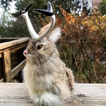 Realistic Jackalope Furry Wild Animal Replica Figurine Easter Bunny Spring Hare Simulated Rabbit w Antlers Home Decor (Brown)