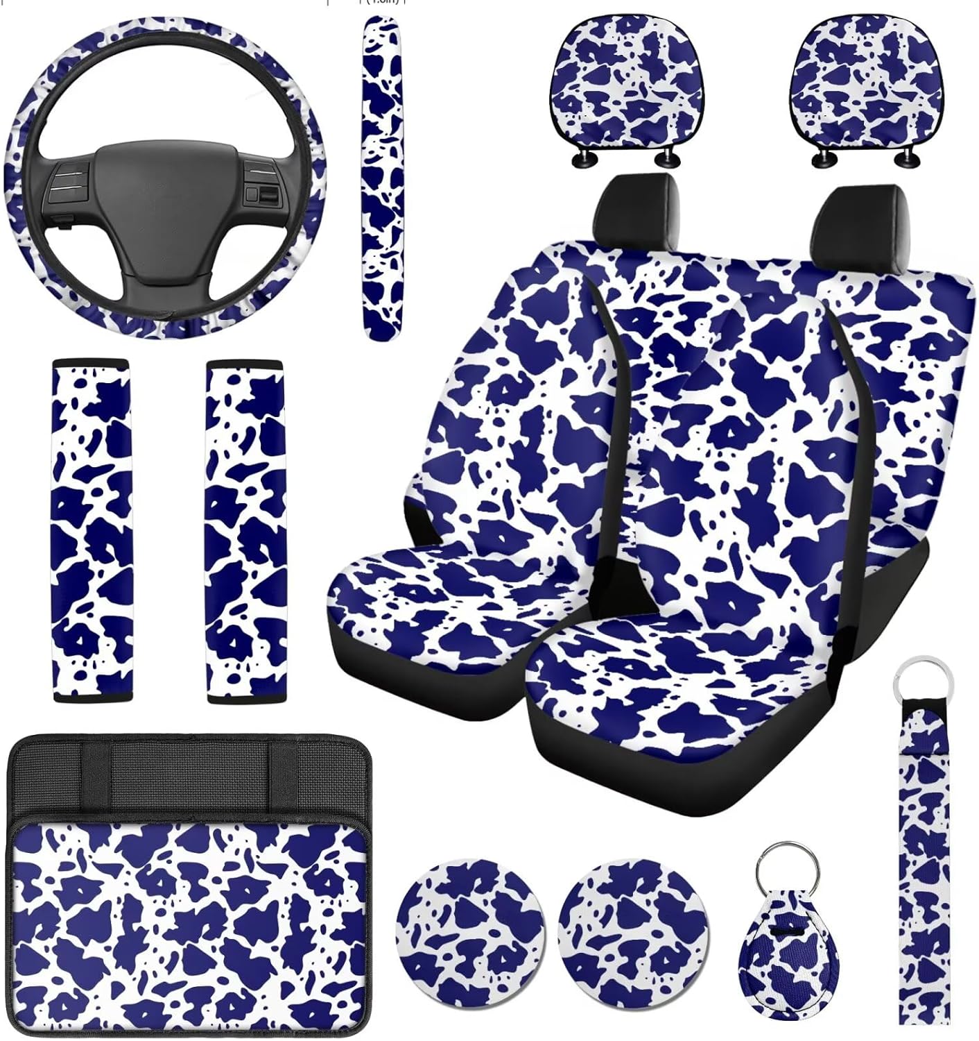 14 Pcs Blue Cow Print Car Seat Covers Full Set, Auto Steering Wheel Cover Armrest Cushion Head Rest Protector Seat Belt Covers,Car Interior Accessories Sets Unverisal Fit Cars SUV Turcks