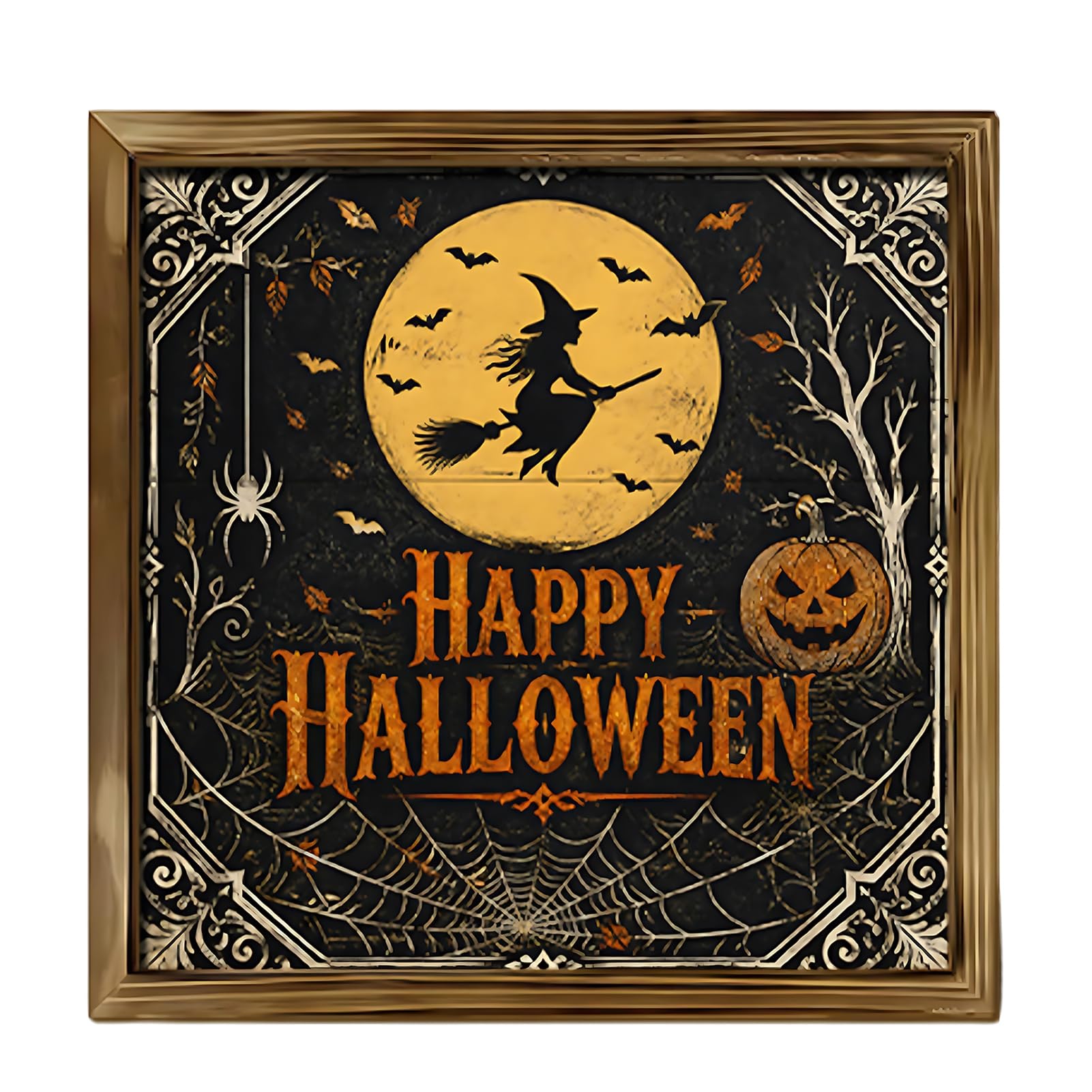 Porceosy Halloween Wooden Framed Wall Art Set, Rustic Witch Castle Pumpkin Hanging Plaque for Home Decor, 20x20cm Retro Farmhouse Tabletop Ornament for Entryway Shop [object Object]