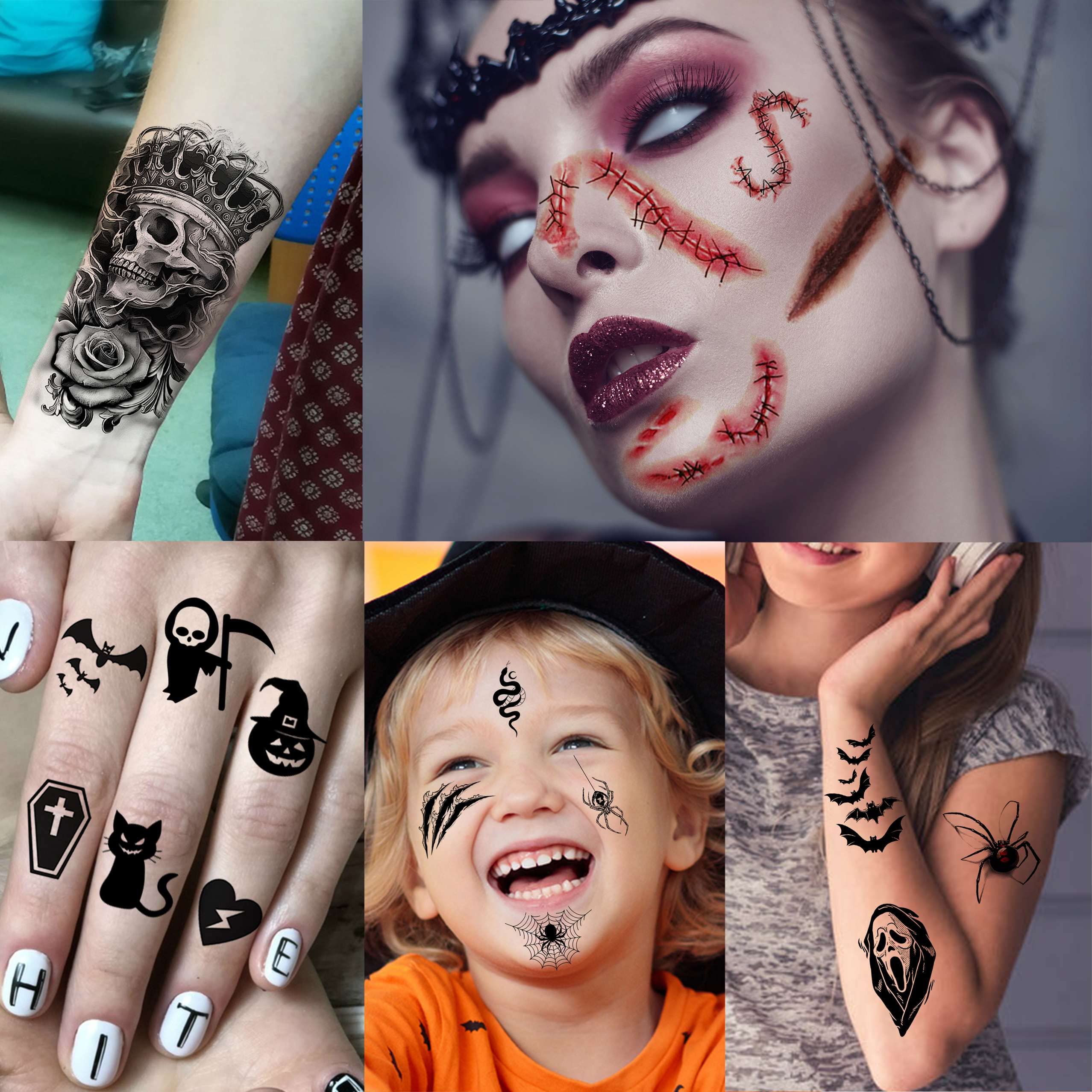 Amazon.com : TASROI 236+ PCS 45 Sheets Halloween Temporary Tattoos For Kids  Zombie Makeup Kits 3D Bats Spider Web Witch Small Black Ghost Pumpkin Face  Stitches Fake Scar Tattoo Stickers For Women