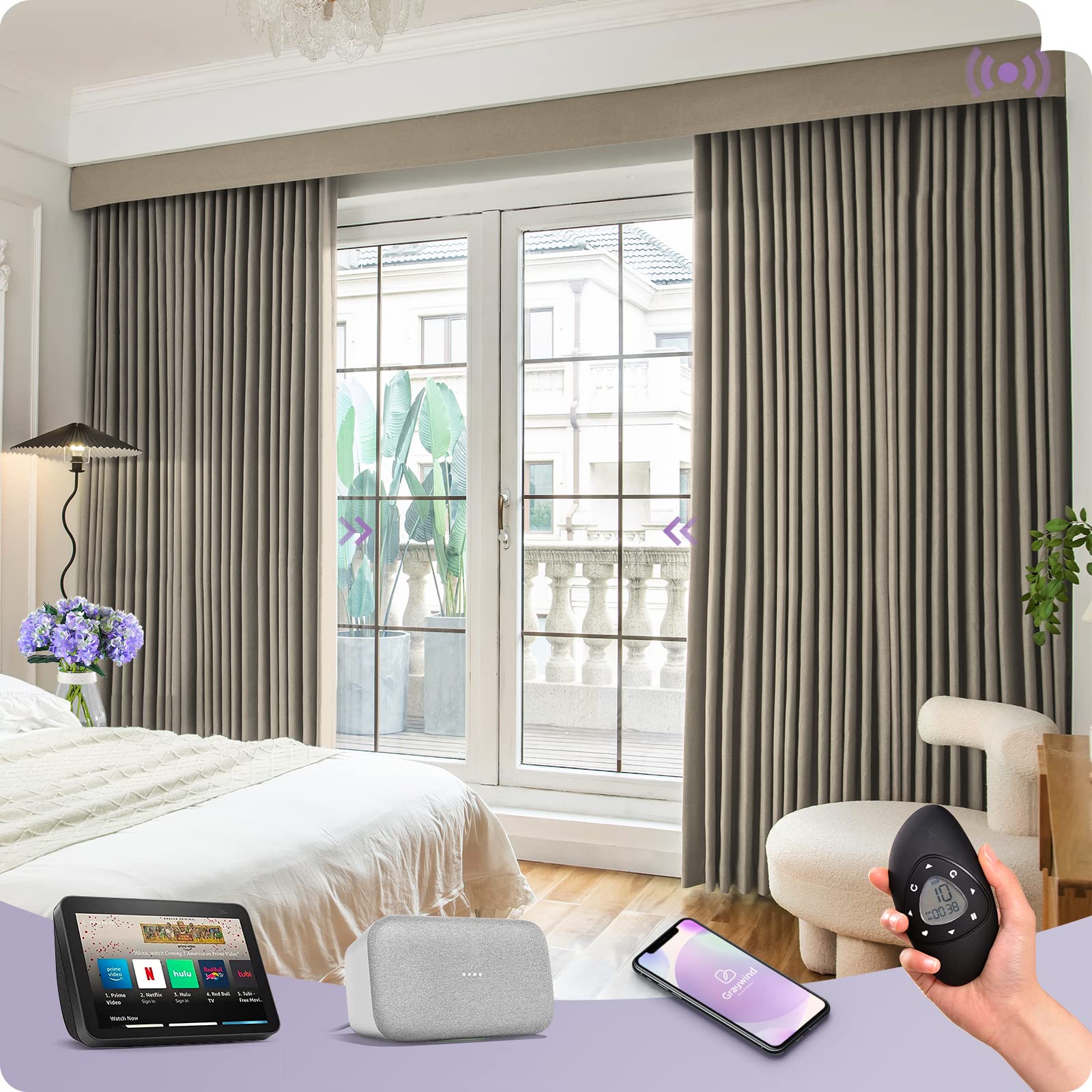 Graywind Rechargeable Smart Curtains Compatible with Alexa App Remote Control Motorized Drape for Sliding Door One-Way or Split Draw, Custom Width Up to 207" (Mocha Beige)