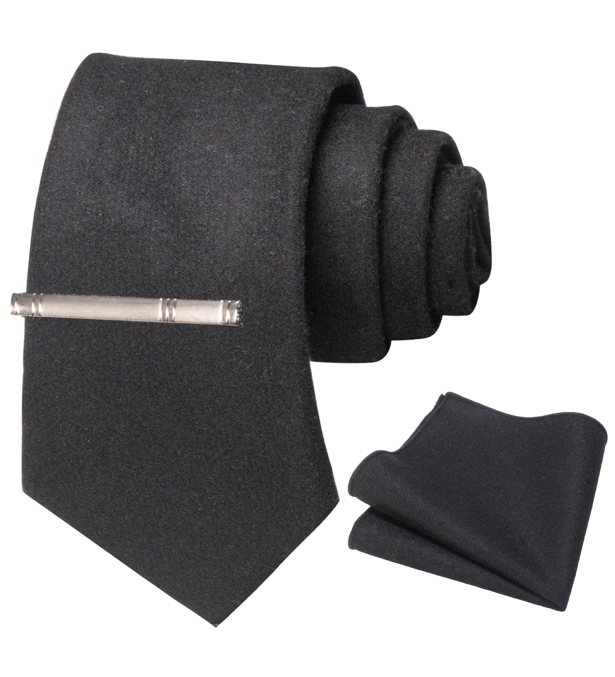 Corbata de lana de cachemira de color sólido y clip de corbata cuadrado de bolsillo para hombres, Negro -
