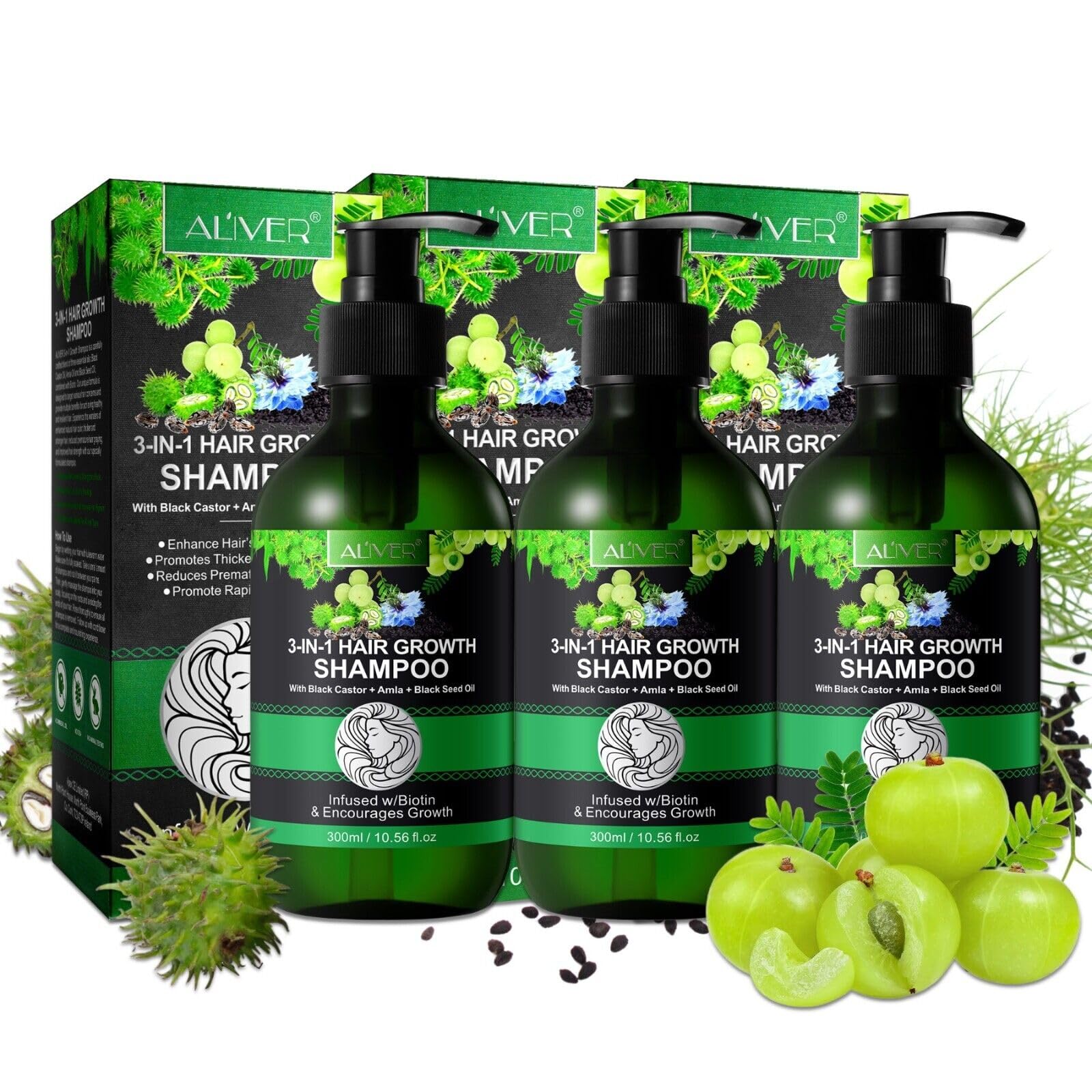 P-BEAUTY szampon na porost włosów 3 w 1, 3 x 300 ml, z olejkiem rycynowym, amla i olejkiem z czarnuszki, do pielęgnacji skóry głowy, wspomaga gęste i błyszczące włosy, wegański