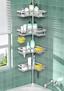 DAOYA Shower Caddy Tension Pole - Corner Shower Shelves with Soap Holder Bathroom Shower Organizer for Tub Stainless Steel, Silver, Floor to Ceiling 25-114.2 inch