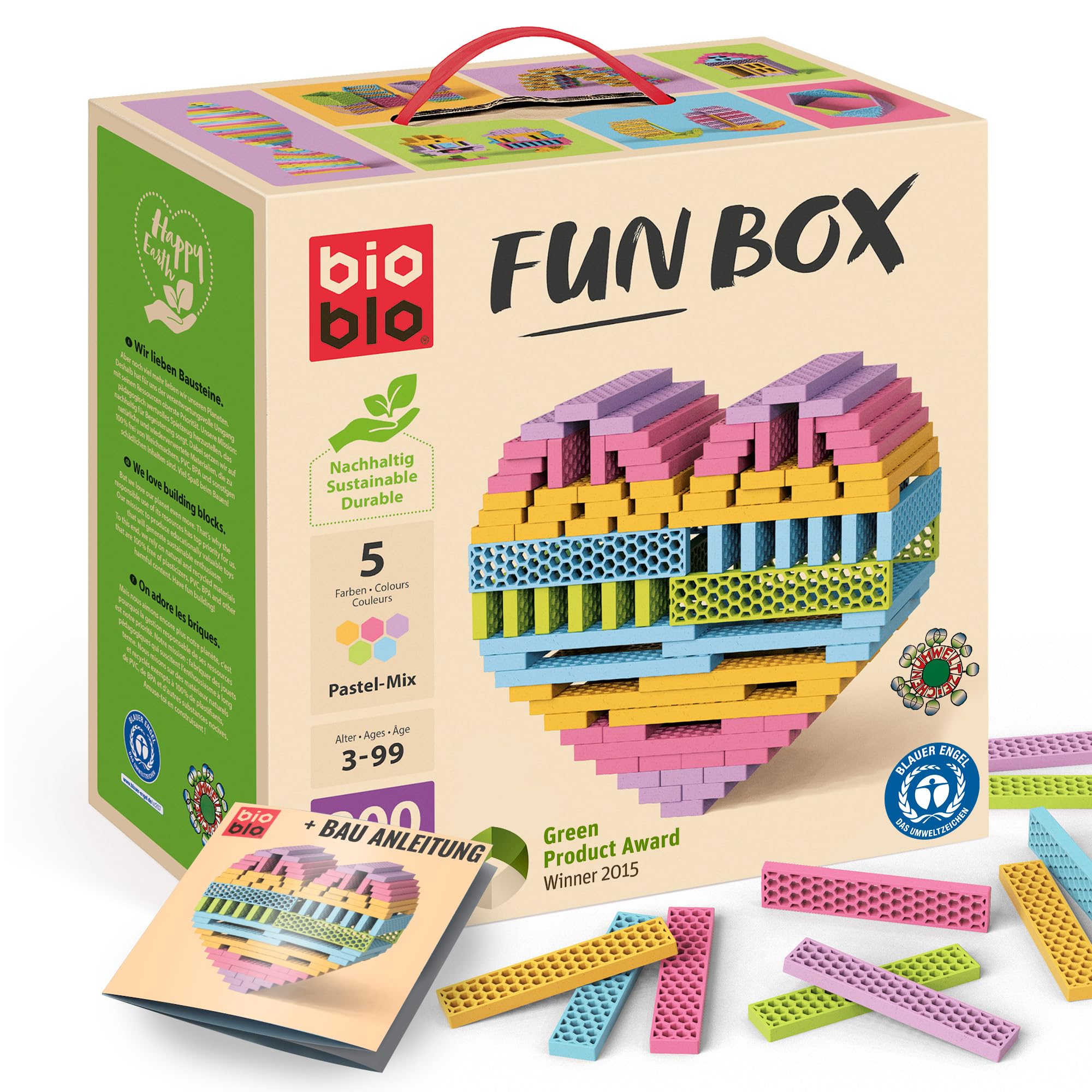 bioblo Holz Bausteine aus Recyclingmaterial Fun Box Pastel Mix 200 Stück | Fördert die motorische Entwicklung | Balanciersteine, Bausteine Erwachsene, Holzbausteine Natur, Geschenke für Kinder