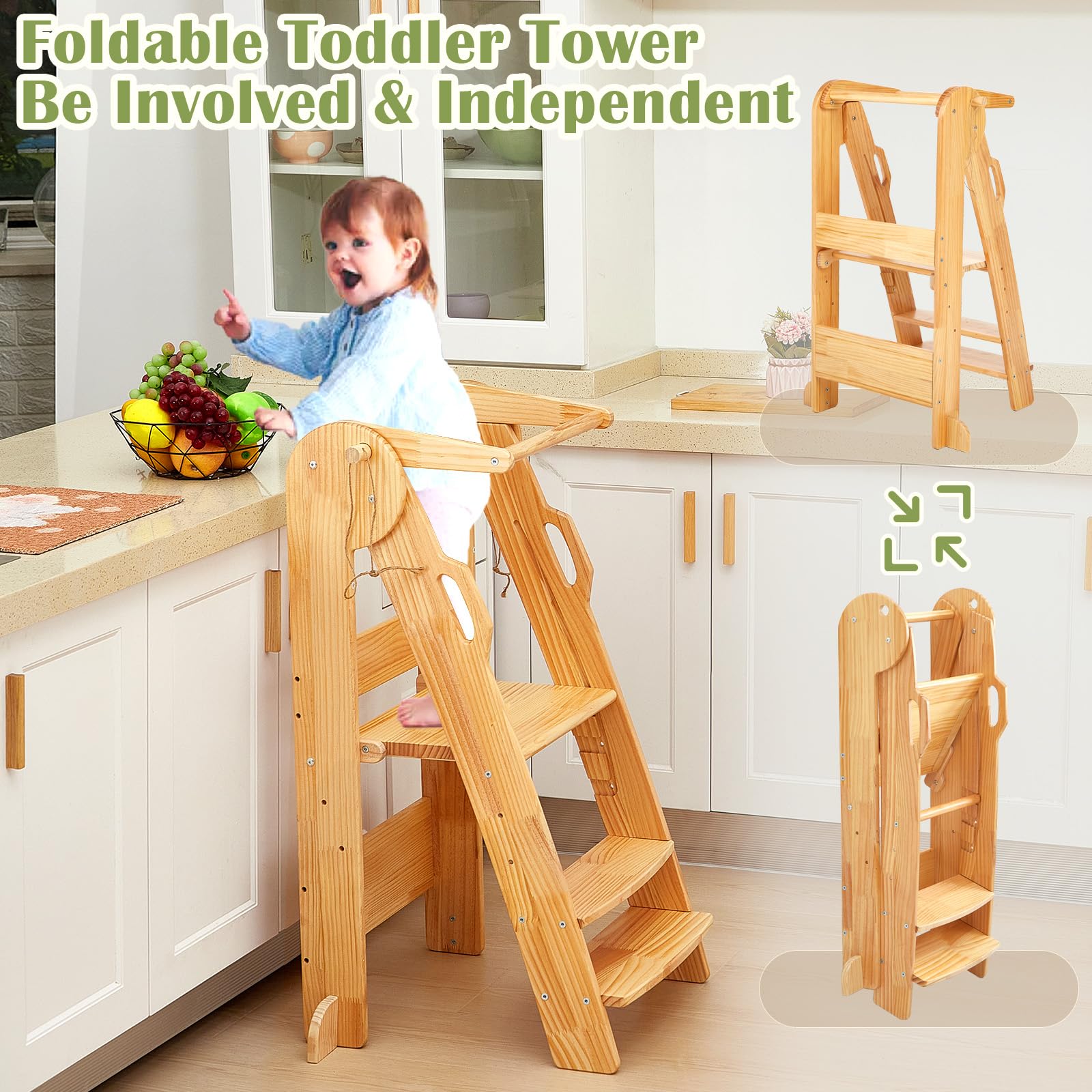 FUNLIO Torre de Aprendizaje Plegable, Ajustable en Altura de 3 Niveles, Montessori con Rieles de Seguridad, Natural