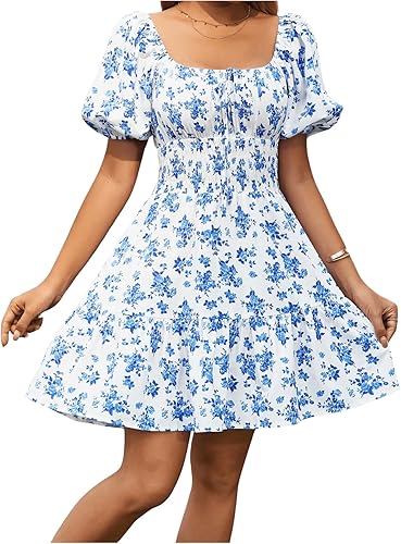 Miniatura 4 de Floerns Vestido bohemio de manga corta abombada con cuello cuadrado y lazo frontal para mujer