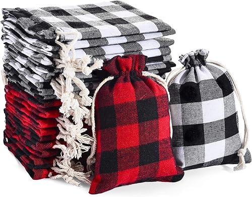24 bolsas de regalo de Navidad a cuadros con cordón, bolsa de arpillera de Navidad con cordón, bolsa de Navidad de algodón lavable para envoltura de