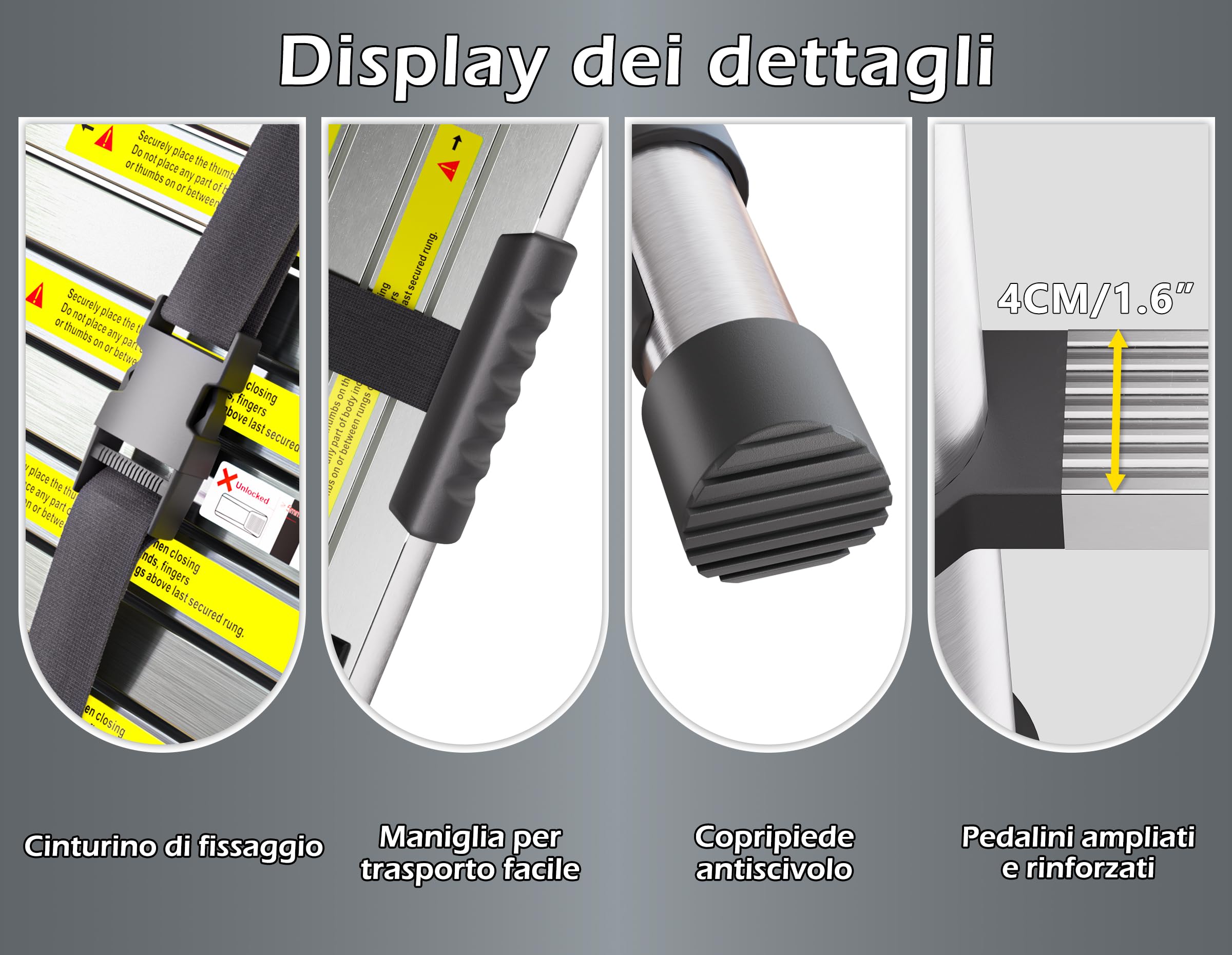 Scala Telescopica in Acciaio Inox, 4,4m Scala Estensibile Portatile con Piedini Antiscivolo, Scale Portatile Allungabile per Soffitta