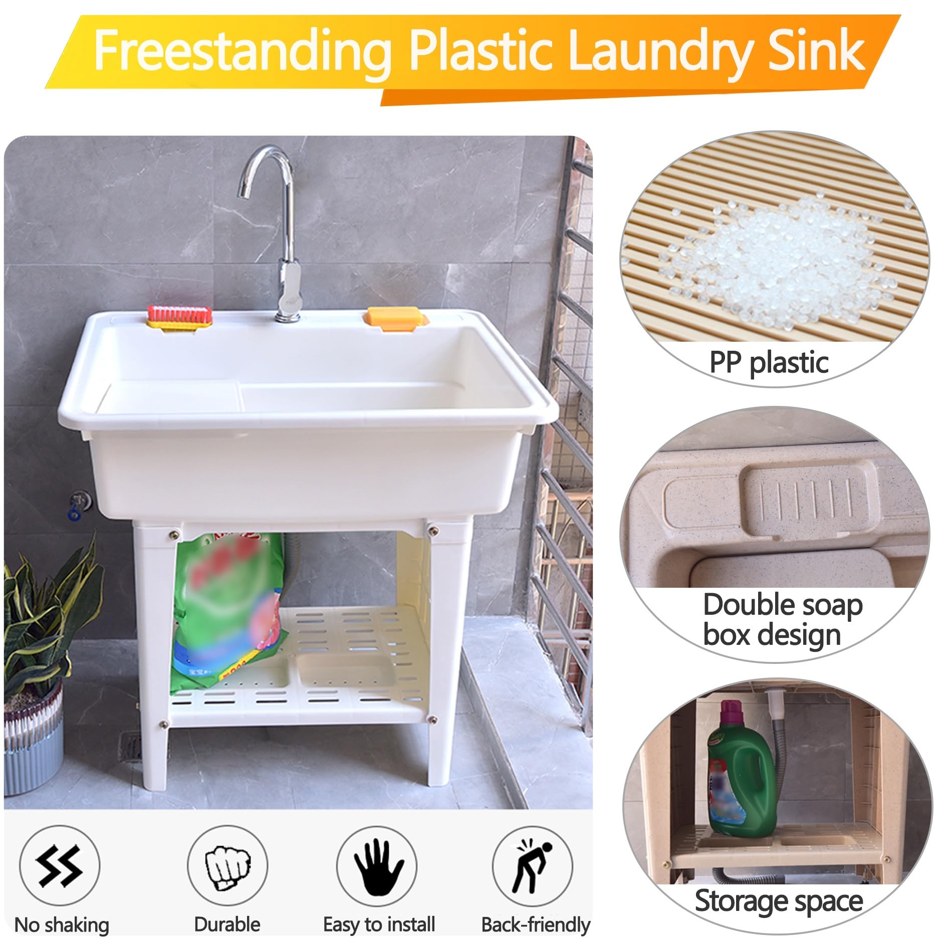 Lavello da Esterno Autoportante 80x58x80cm, Lavandino Lavanderia in Plastica con Rubinetto e Ripiano, Lavabo Portatile per Giardino e Campeggio, Grigio