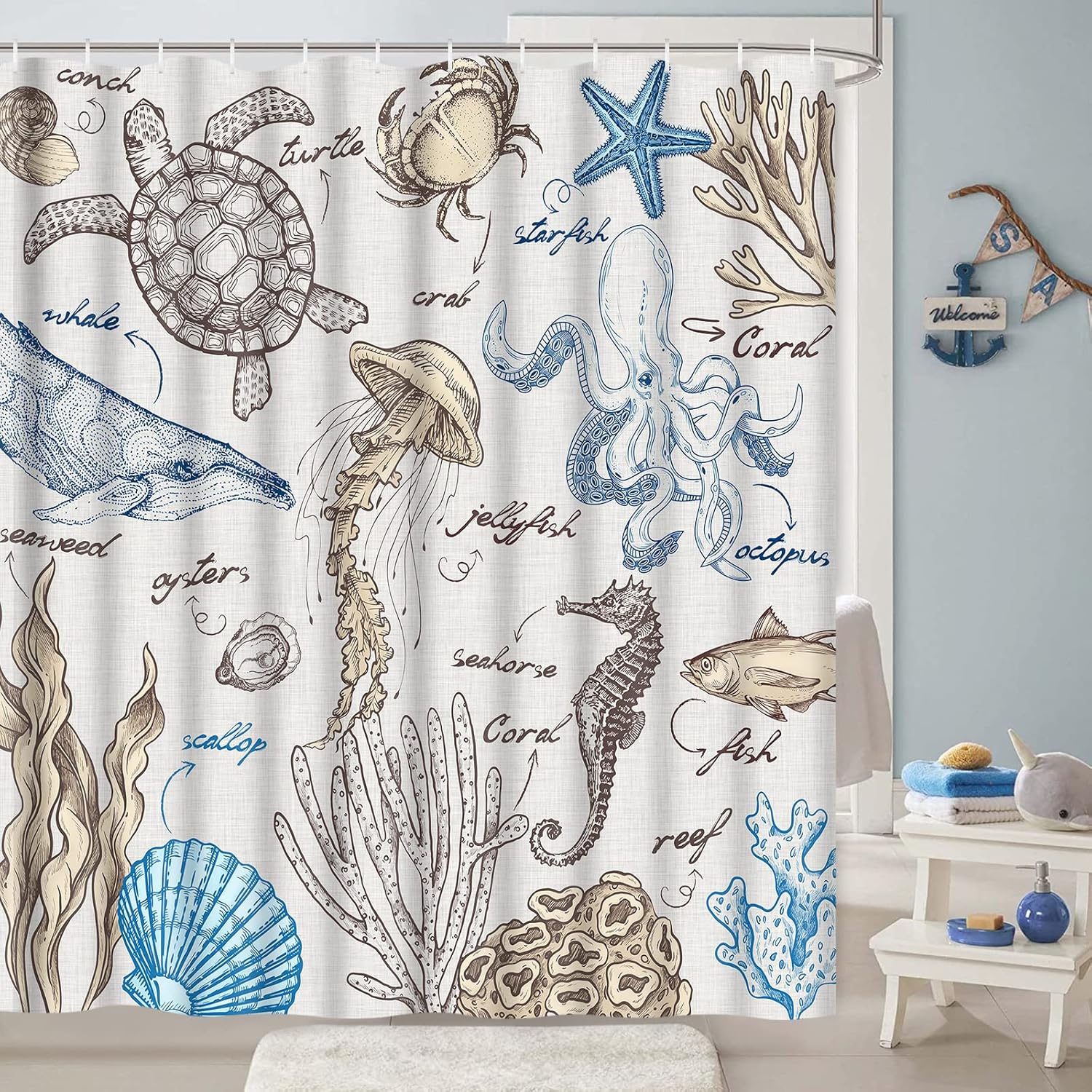 Alishomtll Beach Shower Curtain, Marine Life Shower Curtain