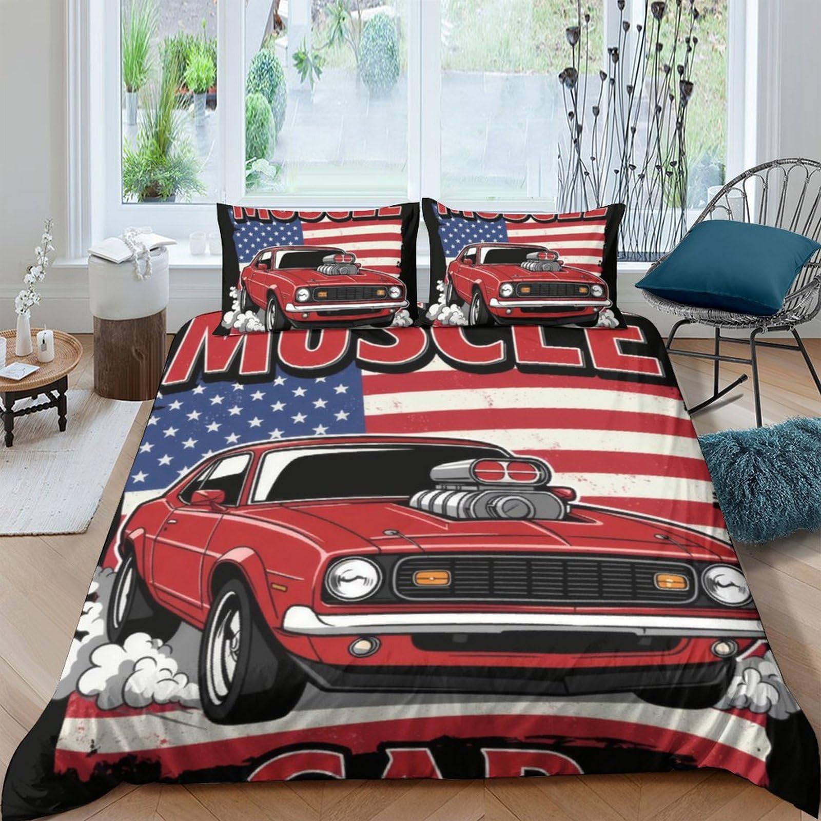 Ctjqhvkz Style-1 3D Printed American Muscle Car Fitted Sheet Microfiber Red Sports Car Bed Cover For Bedroom Dorm Mattress Protection Decor Single（135X200cm）