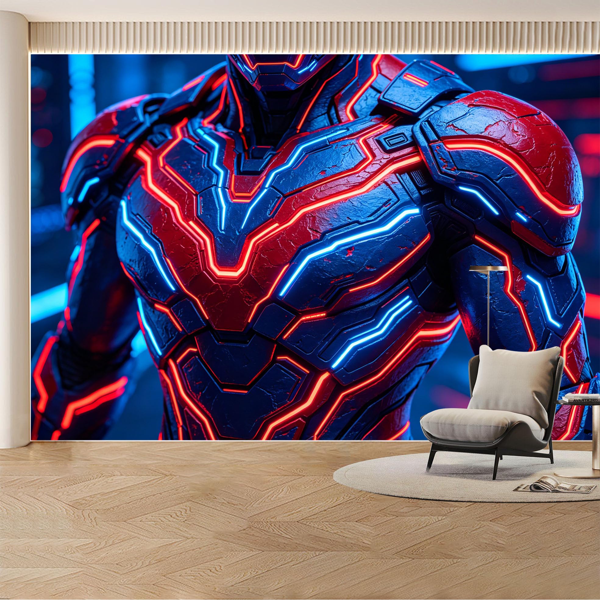 Custom Wall Mural Wallpaper Futuristic Cyber Armor Design 3D Effect Modern Wall Decor Large Wall Art Neon SciFi Style Removable SelfAdhesive Large Photo for Living Room， Bedroom， Office