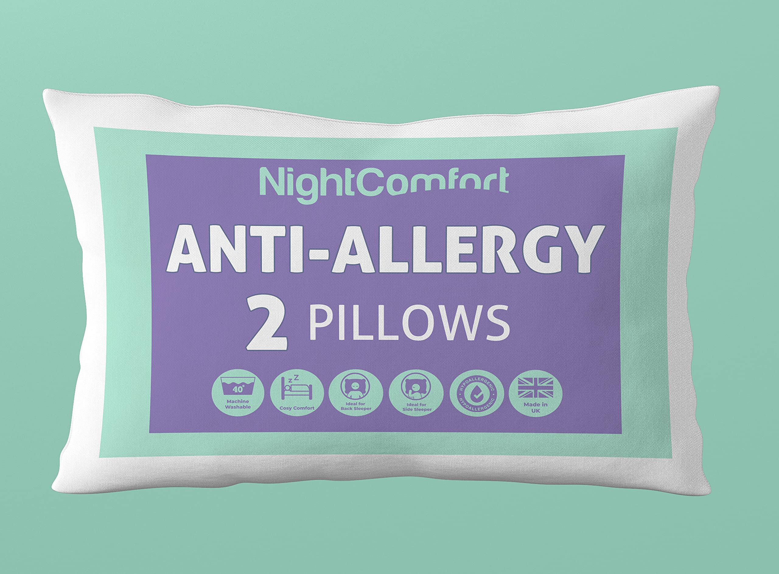 Night Comfort Luxury Anti-Allergy Pillow Soft Support for Front Sleepers - Comfortable Microfiber with Hollowfibre Filled Pillows, Pack of 2