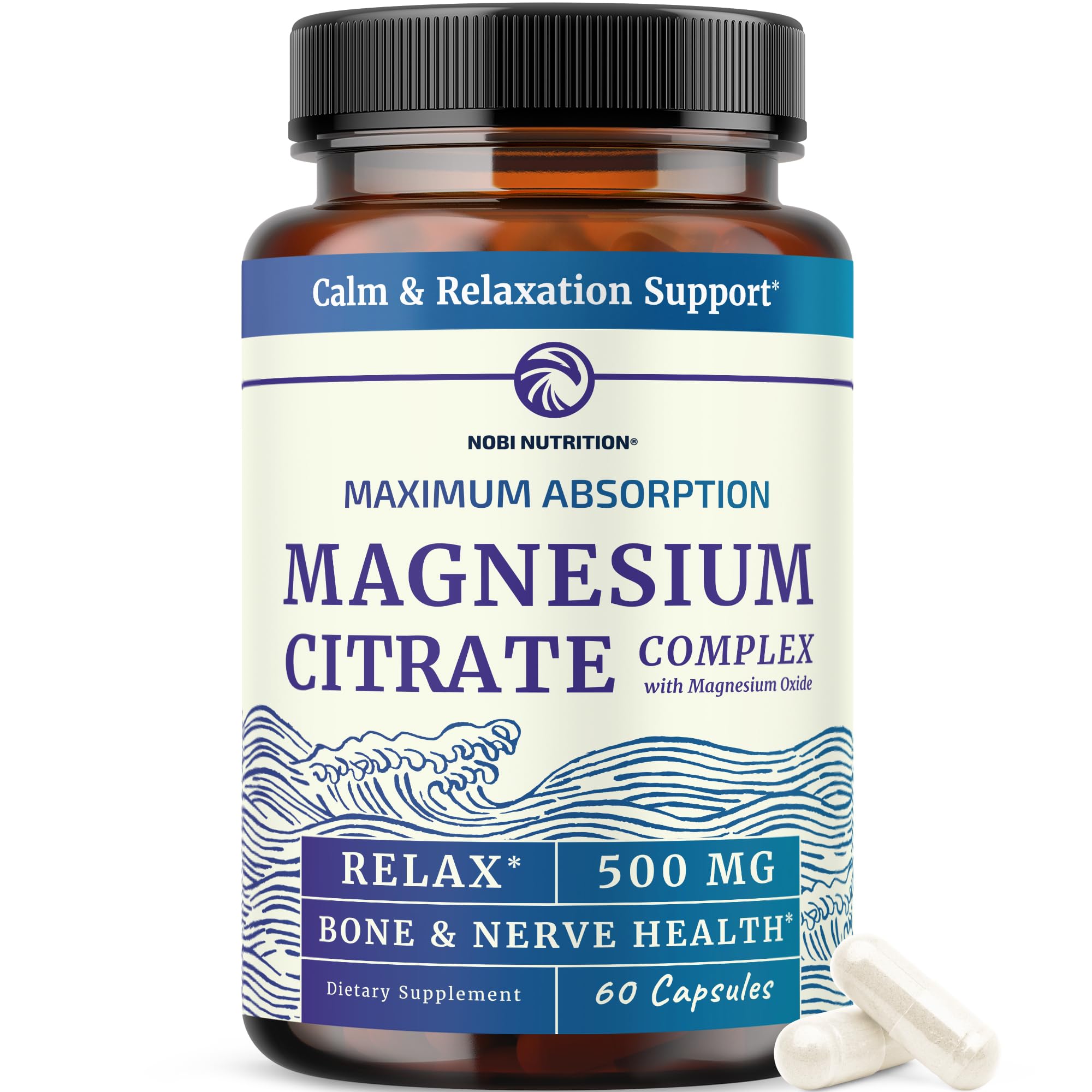 Magnesium Citrate Complex 500 MG for Constipation, Digestion, Calm & Relaxation Support | High Absorption Magnesium Supplement | Citrato de Magnesio | Non-GMO Soy-Free | 60 Mag Citrate Capsules