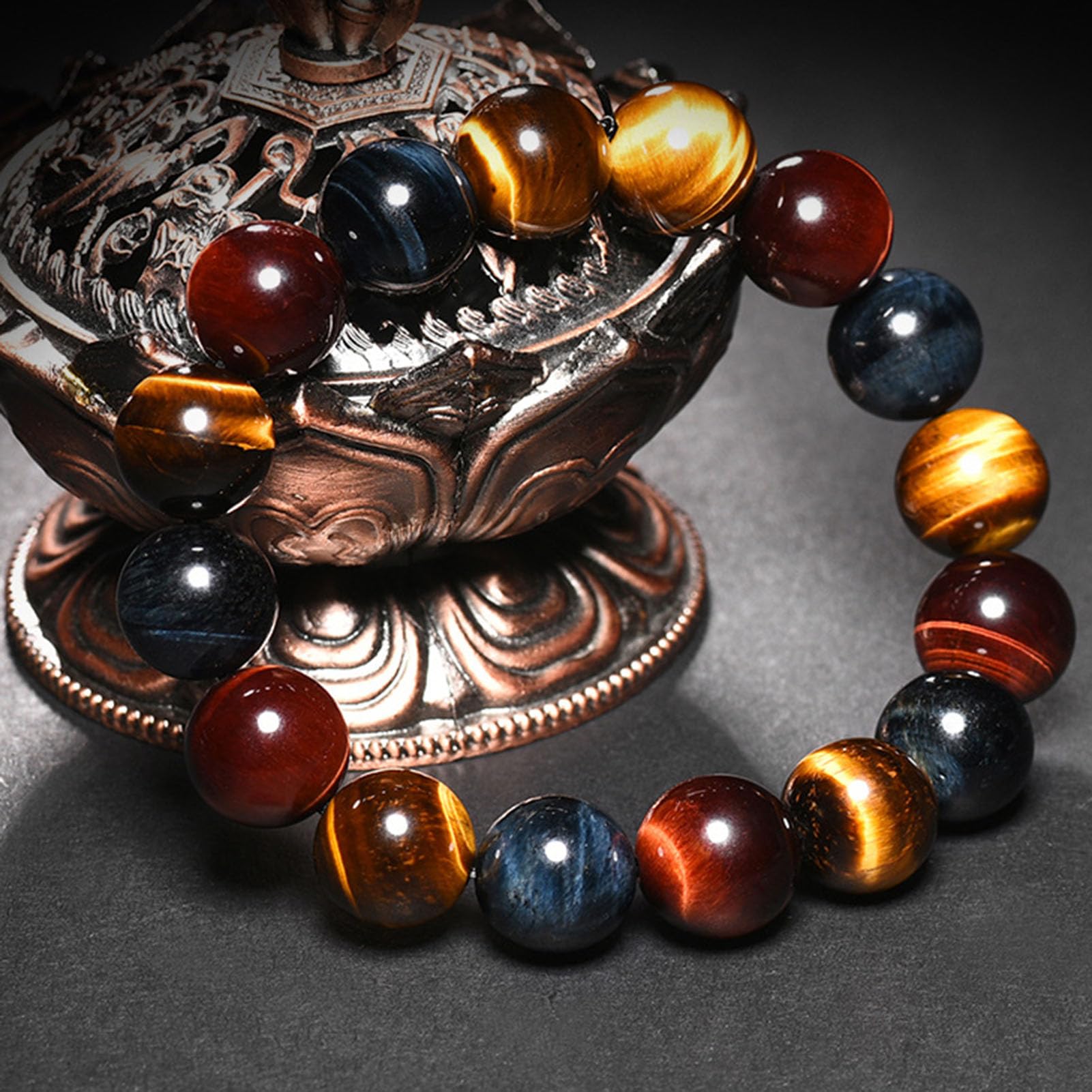 Bracciale Trio Occhio di Tigre - Perline di Cristallo Naturali Gialle, Rosse e Blu per Sicurezza, vitalità e Calma, Gioielli Elasticizzati con Pietre preziose per Uomo e Donna,6MM