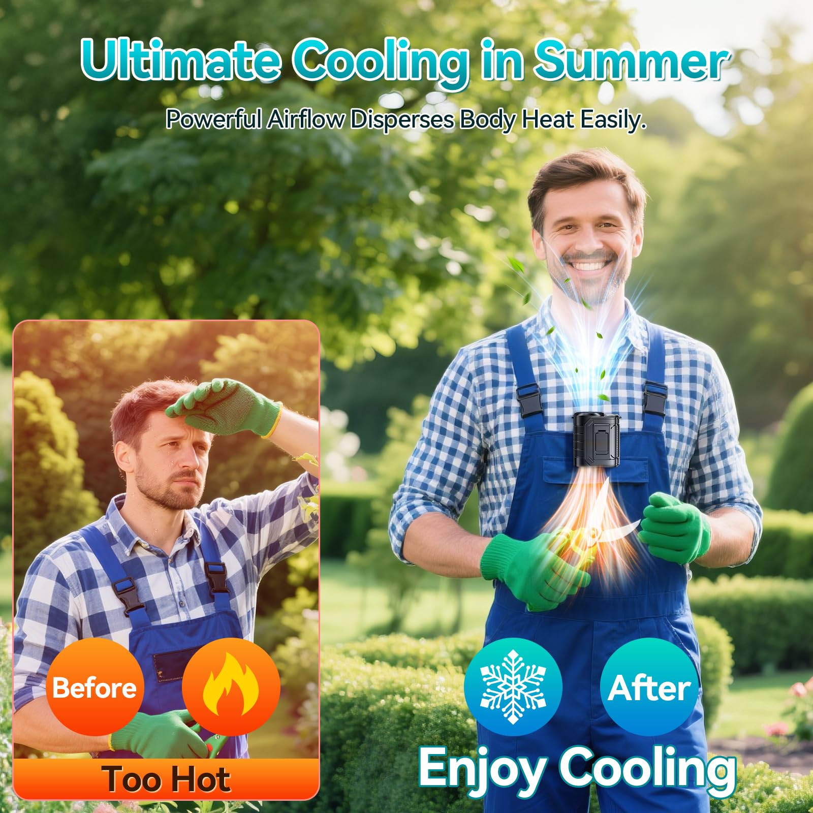 Ventilador de cintura portátil, 5 velocidades y ventilador de cinturón de flujo de aire fuerte de 15000 RPM, ventiladores de camisa recargables de 10000 mAh con linterna, ventilador de cuello 4