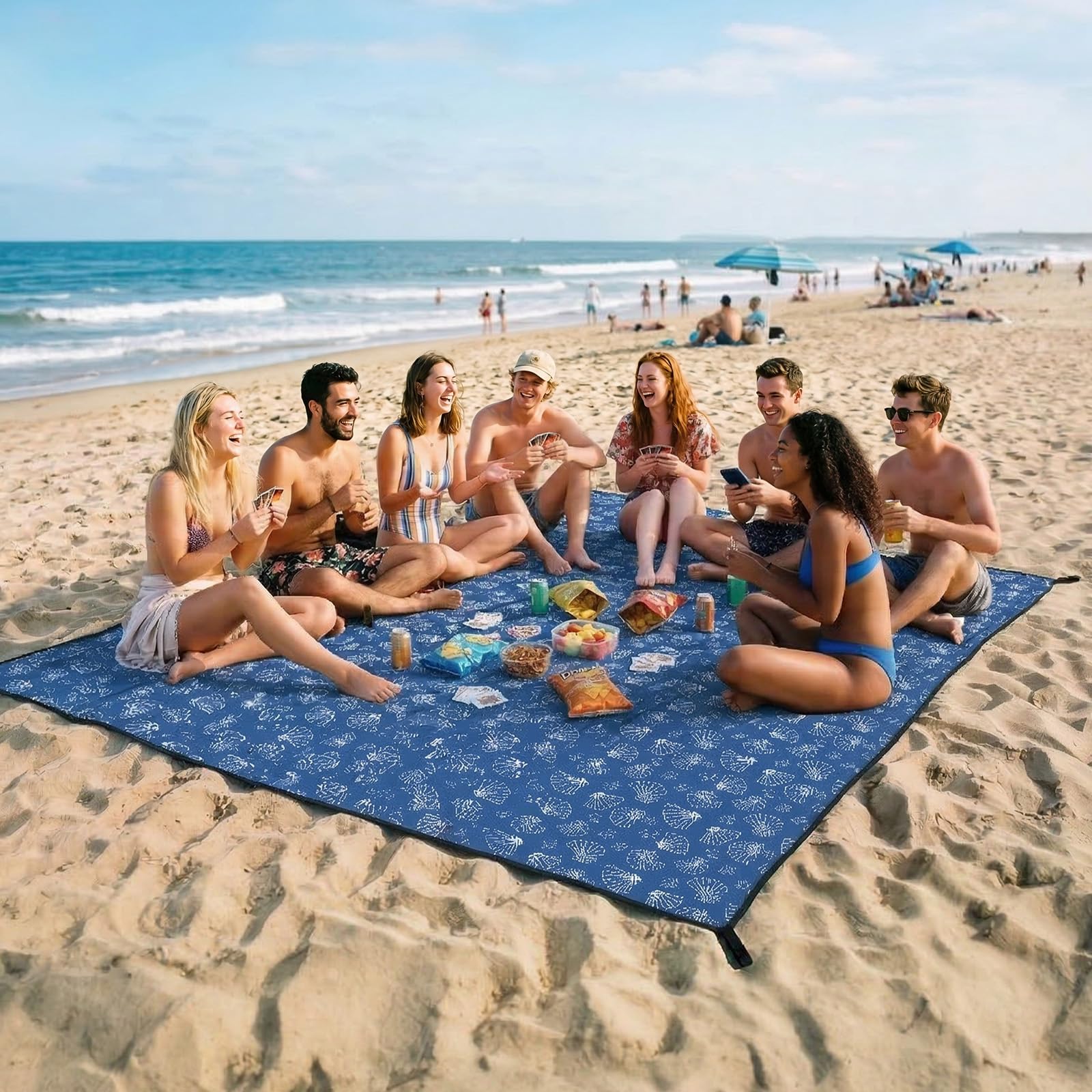 Beach Blanket Sandproof Waterproof, 274 x 305 cm Extra-Large Beach Mat with Stakes & Travel Bag, Lightweight,Quick Dry