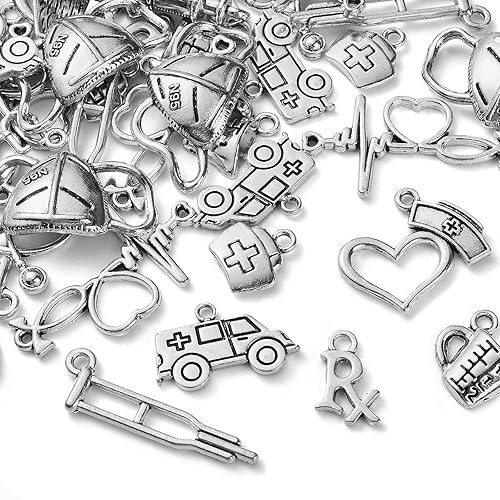 Miniatura 2 de 100 dijes médicos para enfermera, estetoscopio, gorro, ambulancia, dijes de aleación para hacer joyas