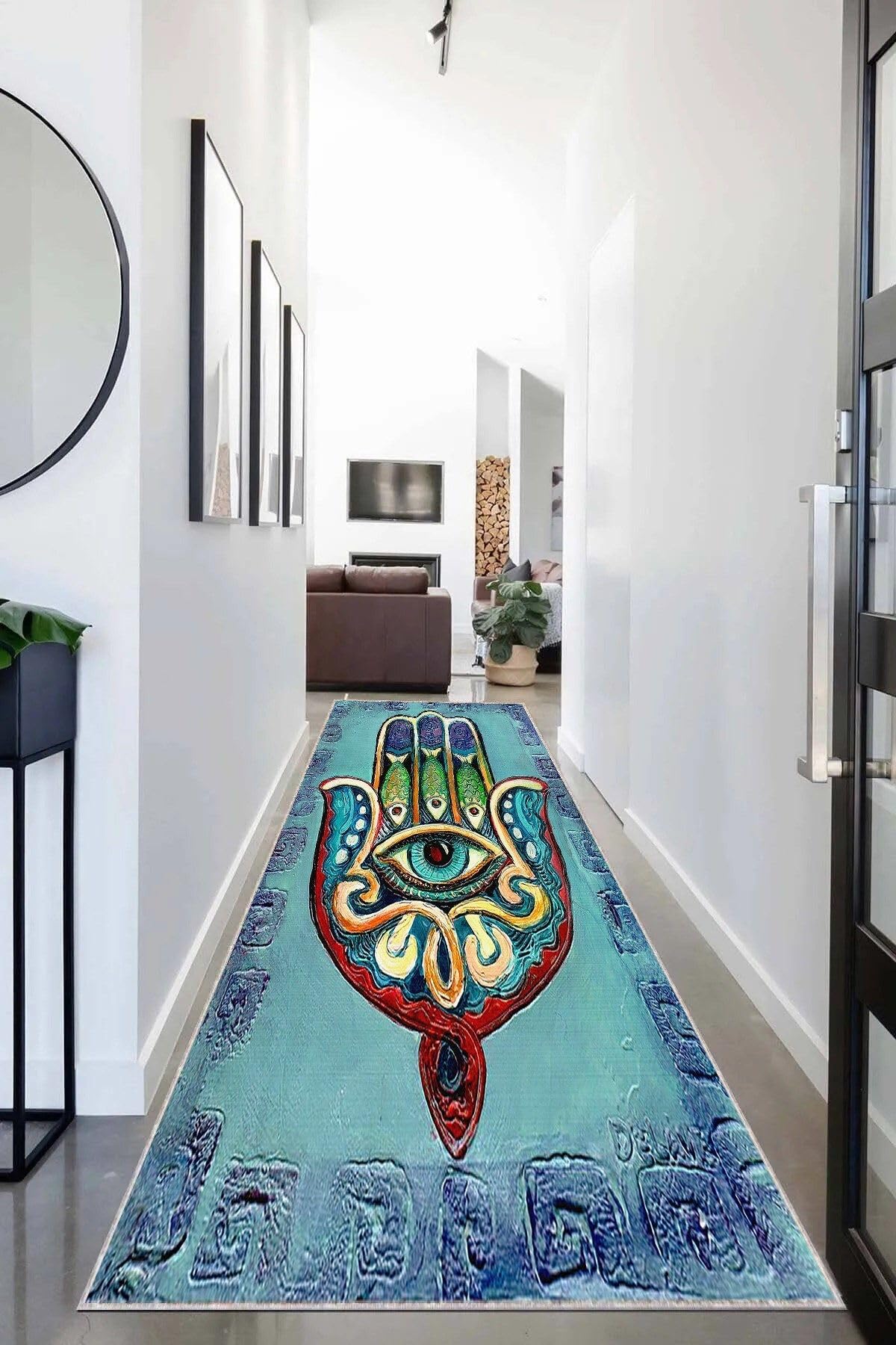 Pelangi Fatma Ana Eli Desenli Dijital Baskı Yıkanabilir Kaymaz Taban Modern Salon Halısı, Mavi 100 x 600, 95544291006007