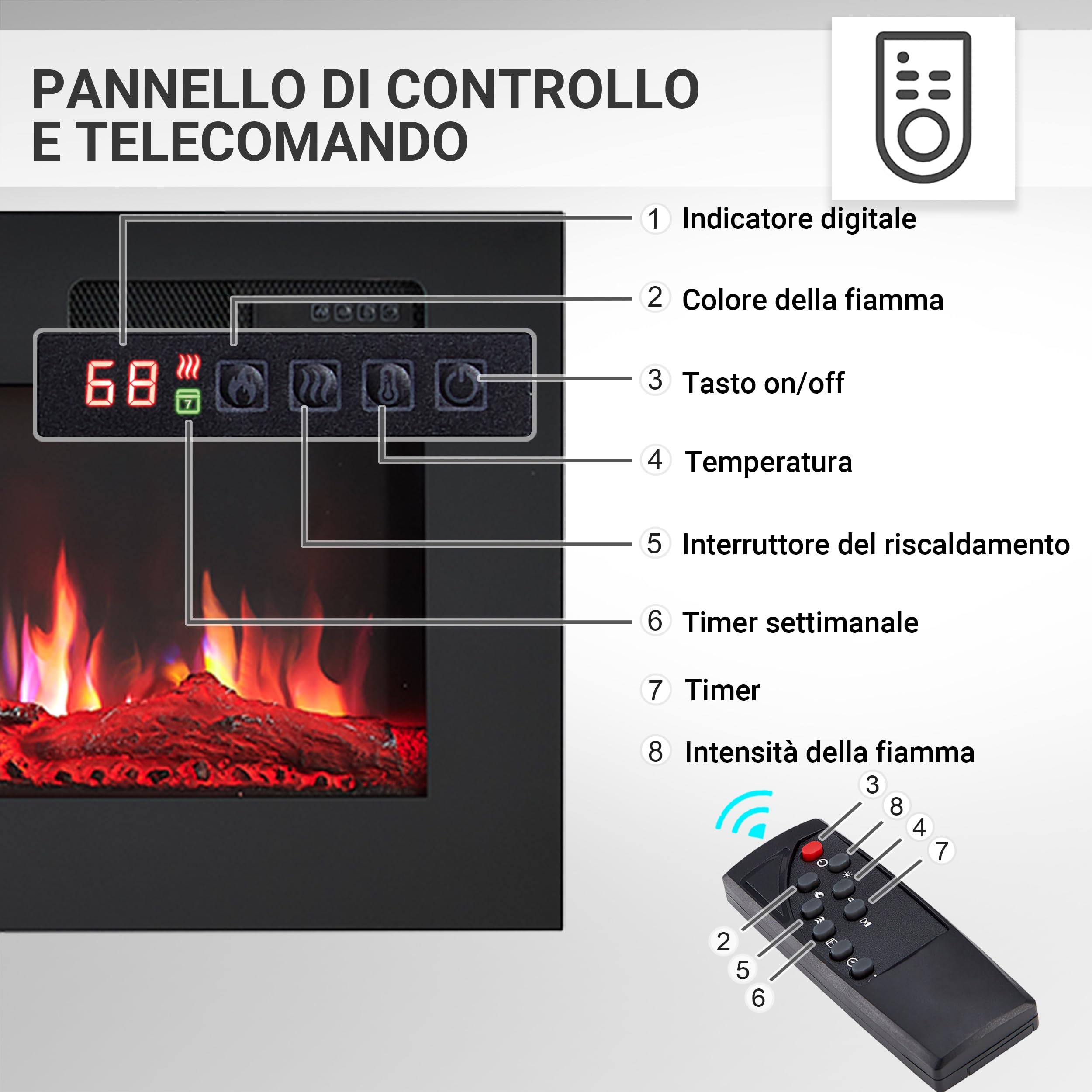BALDERIA camino elettrico Leif 60"| Caminetto elettrico a pavimento o a muro con riscaldamento 2000 W | Effetto fiamma 3D | Focolare a terra o a parete con telecomando, timer, termostato | Nero