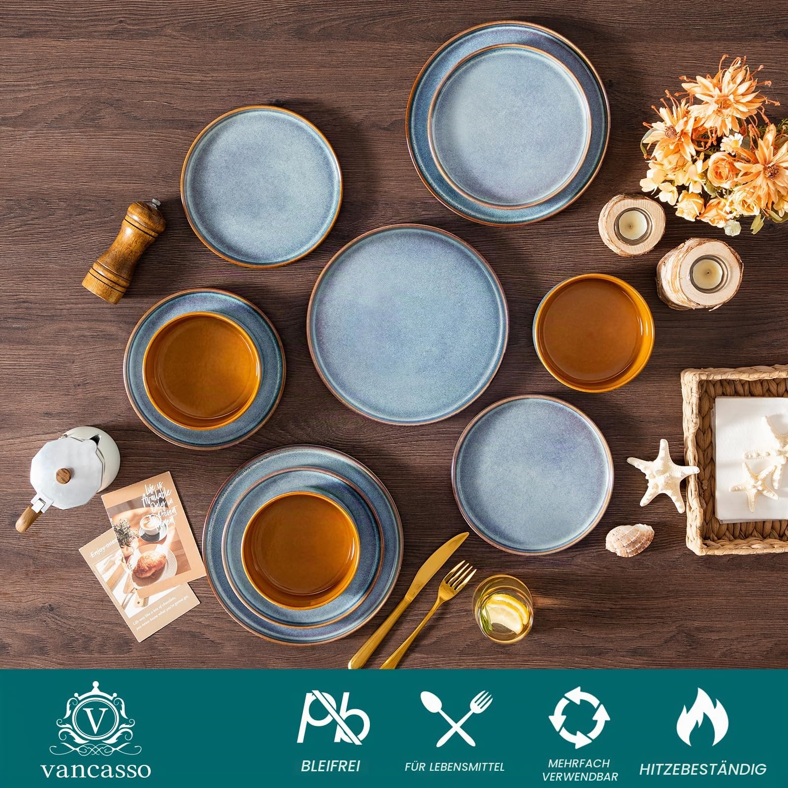 vancasso Geschirrset 12 Personen, 36-tlg Steingut Teller Set, Geschirr Blau, Tafelservice mit Speiseteller, Salatteller und Schüsseln - Galaxie-inspiriertes Design, ONION Serie
