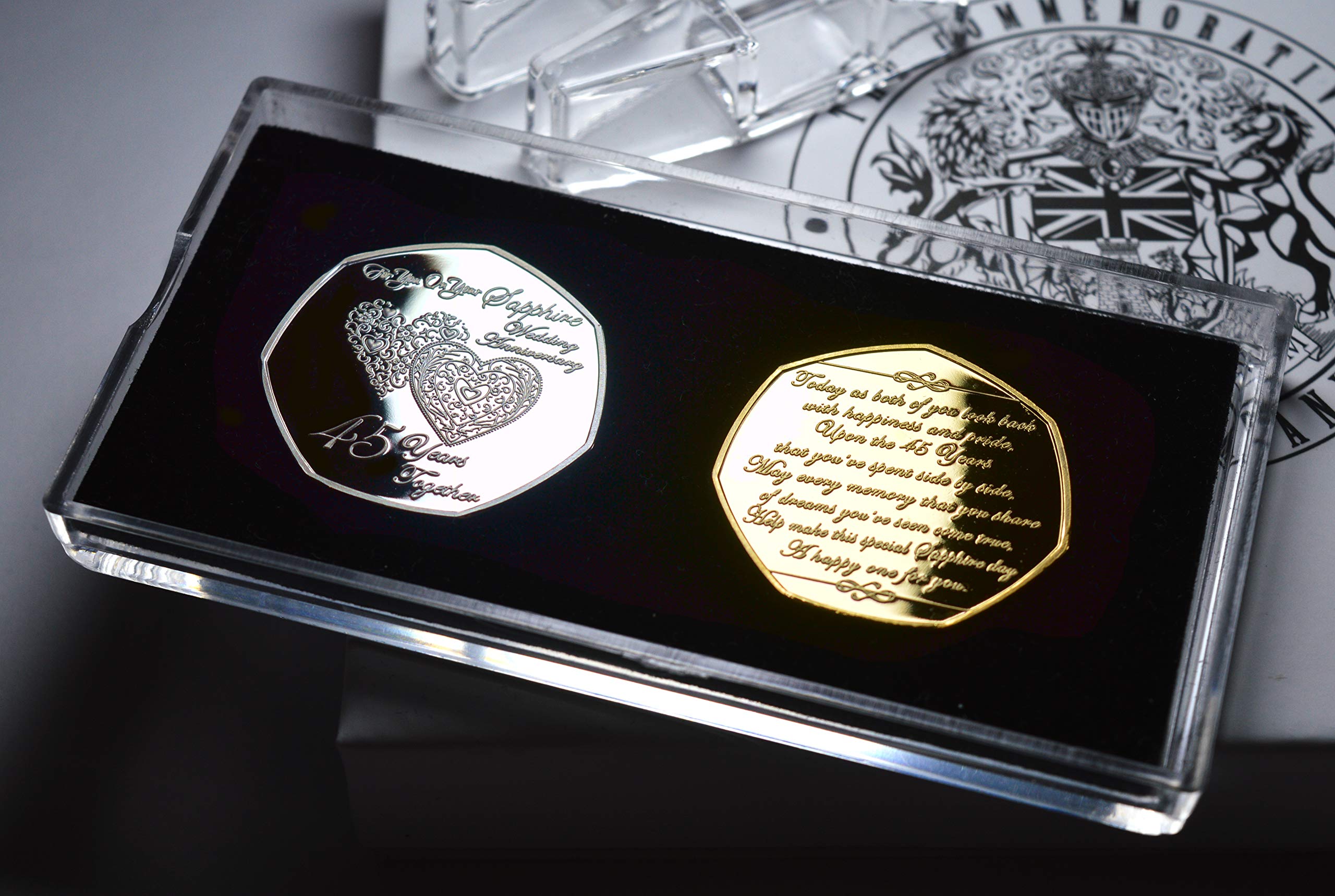 The Commemorative Coin Company Pair of 45th SAPPHIRE WEDDING ANNIVERSARY Silver & 24ct Gold Commemoratives in Display Stand & Presentation Box. Gift/Present. 45 Years