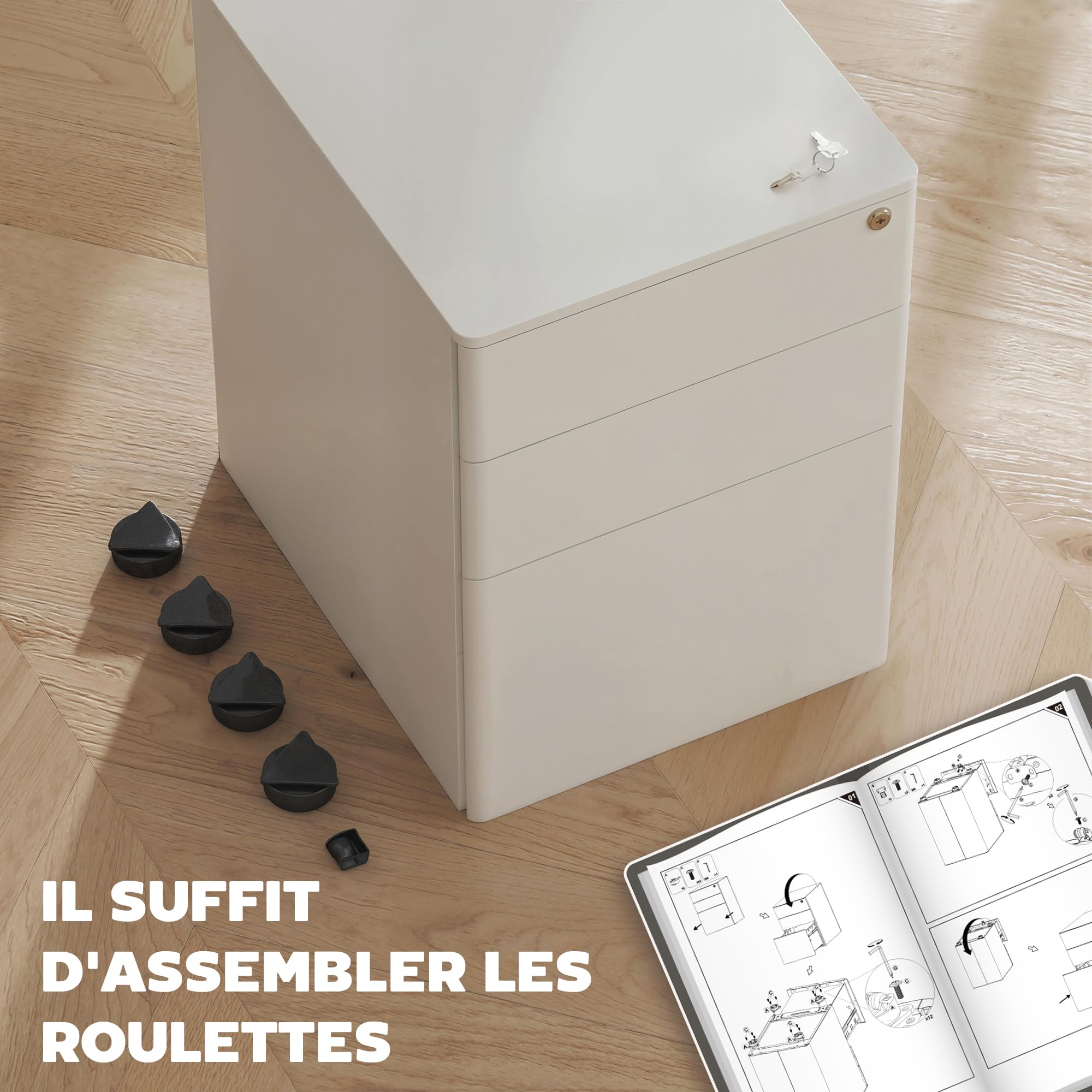 HOMCOM Vinsetto Caisson de Bureau Rangement Bureau sur roulettes 3 tiroirs coulissants verrouillables trieur à dossiers dim. 39L x 48I x 59H cm Acier Blanc