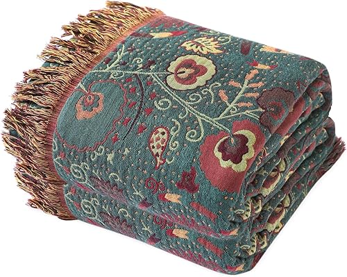 Miniatura 46 de MSGKV - Manta bohemia para sofá con hojas de algodón 50 x 60 pulgadas, mantas para sofá, silla, muselina transpirable, ligera, mantas de estilo