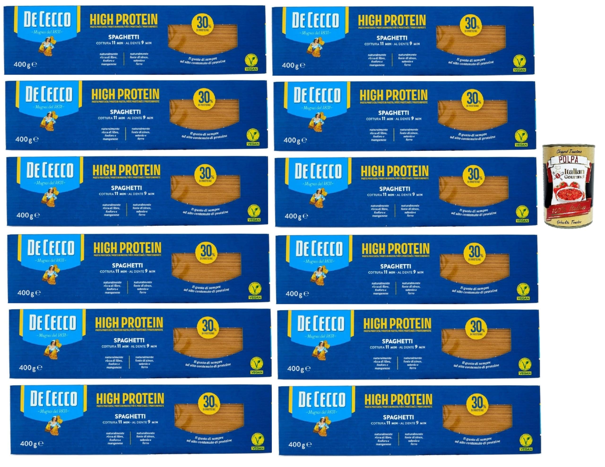 Italian Gourmet Bundle High Protein Spaghetti 12x 400g + Italian Gourmet Polpa Gratis – Proteinreiche italienische Pasta, Spaghetti mit 30% Protein, vegan, für Tomatensauce, Pesto, Fitnessküche