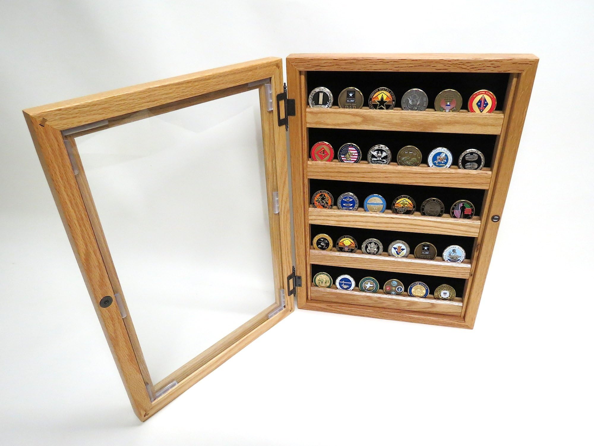 Military Challenge Coin Display - Shadow Box Combo (Solid Oak Wood)