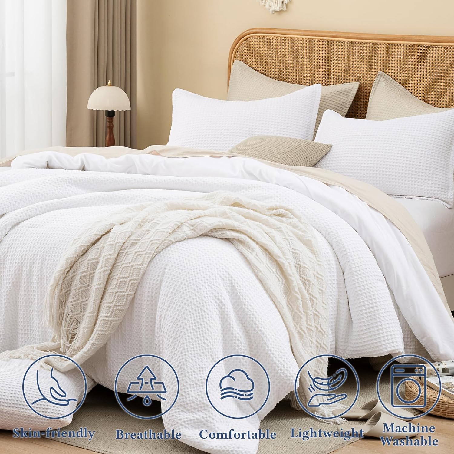 David's Home Waffle Weave Comforter Set 3PCS Queen Size, Soft Breathable Lightweight Cozy Skin-Friendly Warm for All Season, Elegant Aesthetic Home Decor Bedding Set with Pillow Shams, White - Image 4
