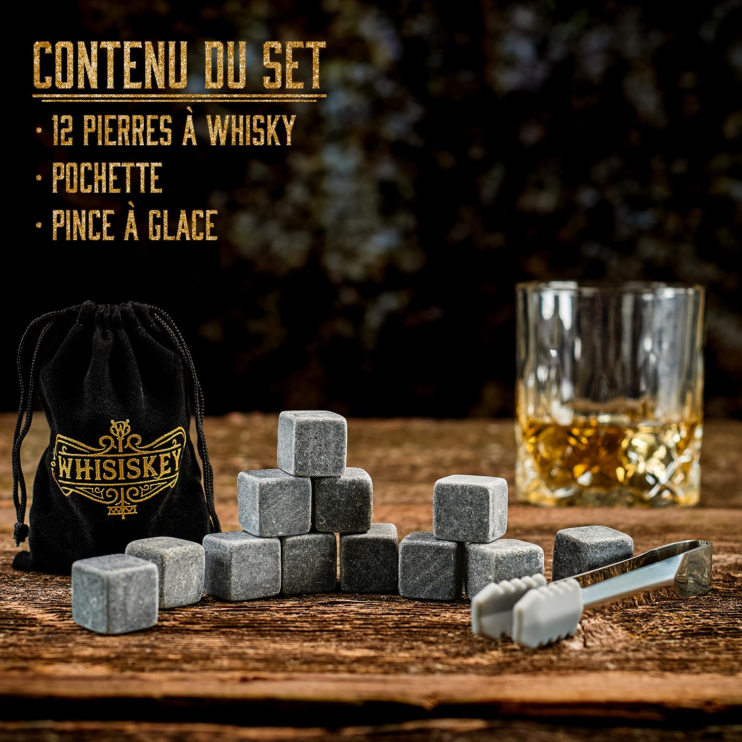 WHISISKEY Pierre à Whisky Coffret Cadeau Homme Anniversaire Original - 12 Pierres à Whiskey avec Glacon Réutilisable