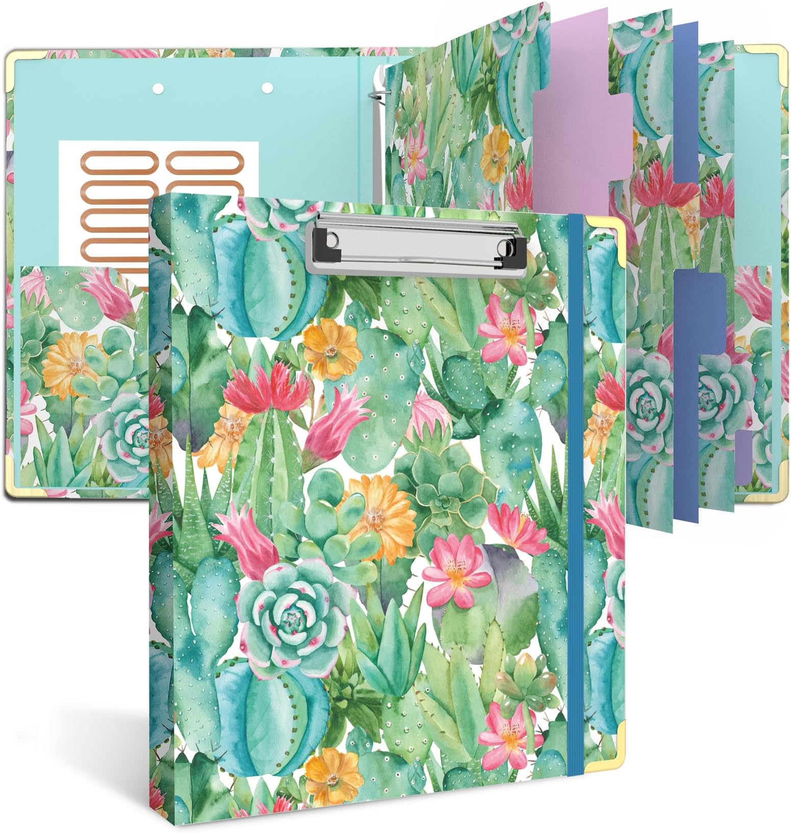 3 Ring Binder 1 Inch, Cute Round Ring Binders with 6 Tab Dividers, Labels Stickers, Low Profile Clipboard with Storage, Fashion Binder School Office Supplies(Cactus Flowers)