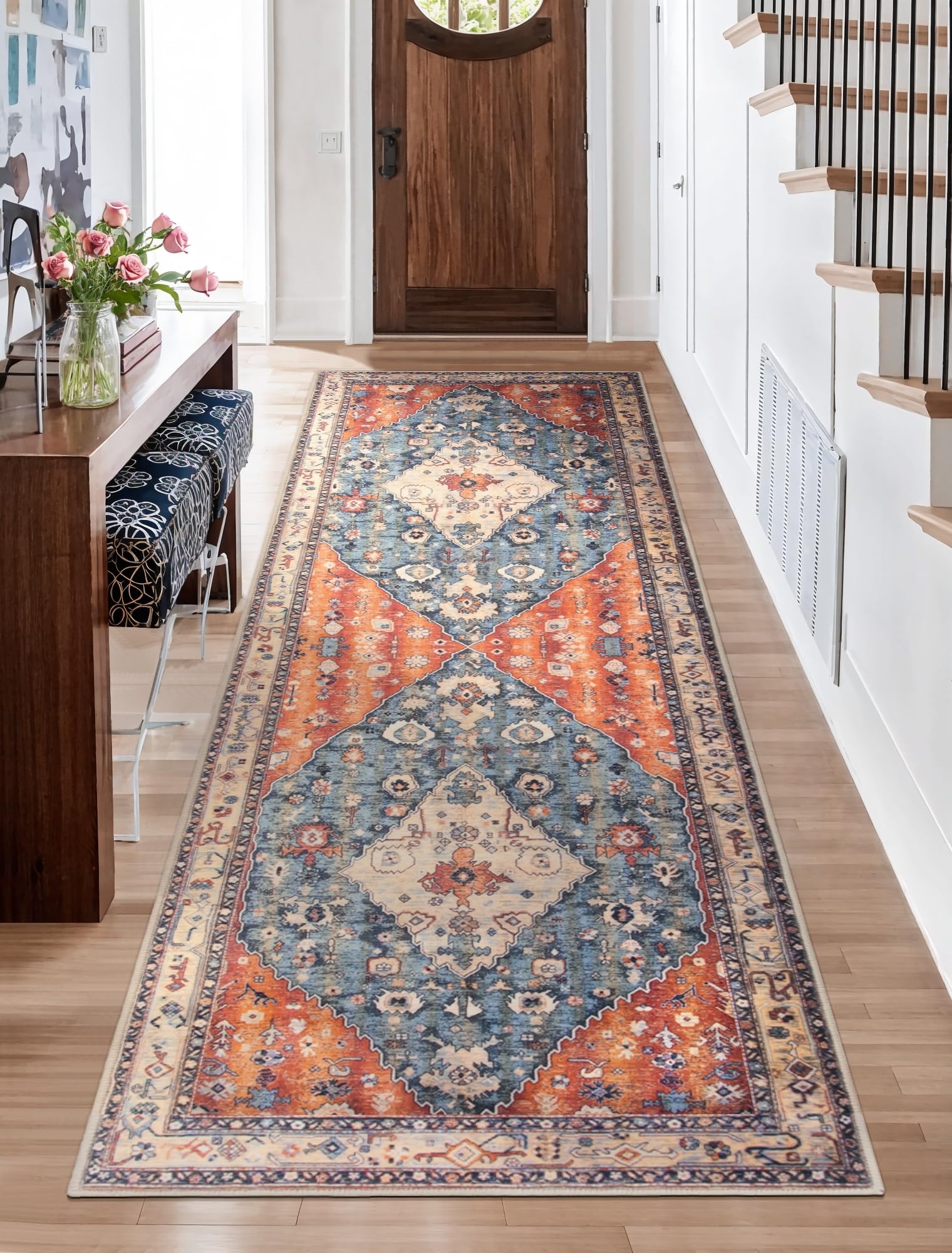 SERISSA Washable Boho Runner Rug, 2'6"x8' Non-Slip Tribal Hallway Kitchen Rug Ultra Soft Print Distressed Vintage Floor Carpet Runner for Bedroom