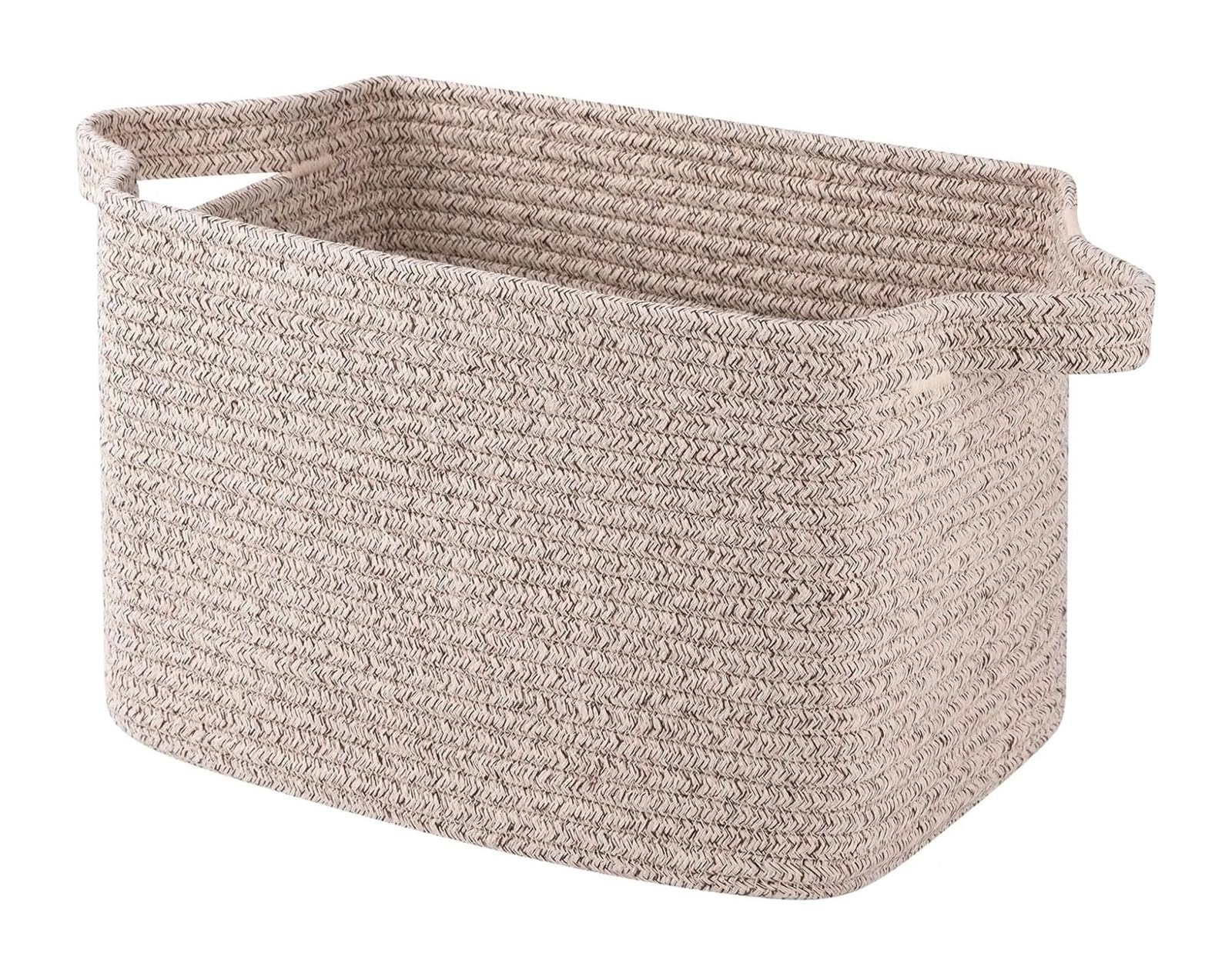 Fabric Storage Basket Cotton Rope Woven Storage Baskets For Shelves, Rectangle Bins With Handles, Towel Basket - 13""×9.85""×8.7"", Brown