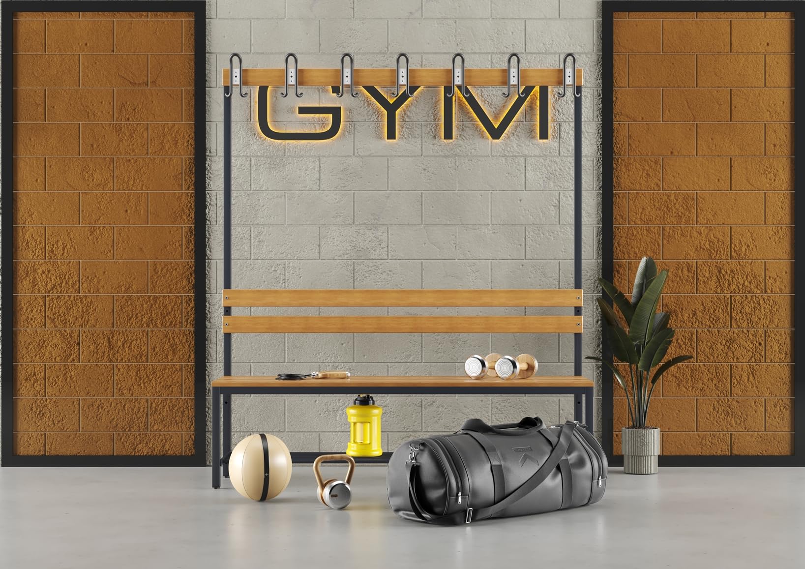 furni24 Umkleidesitzbank mit Stahlrahmen, Garderobenbank Sportraum Bank für Fitnessstudio Buche Echtholz, lackierter, Hakenleiste und TÜV/GS getestet - 150 cm Einseitige - Anthrazit