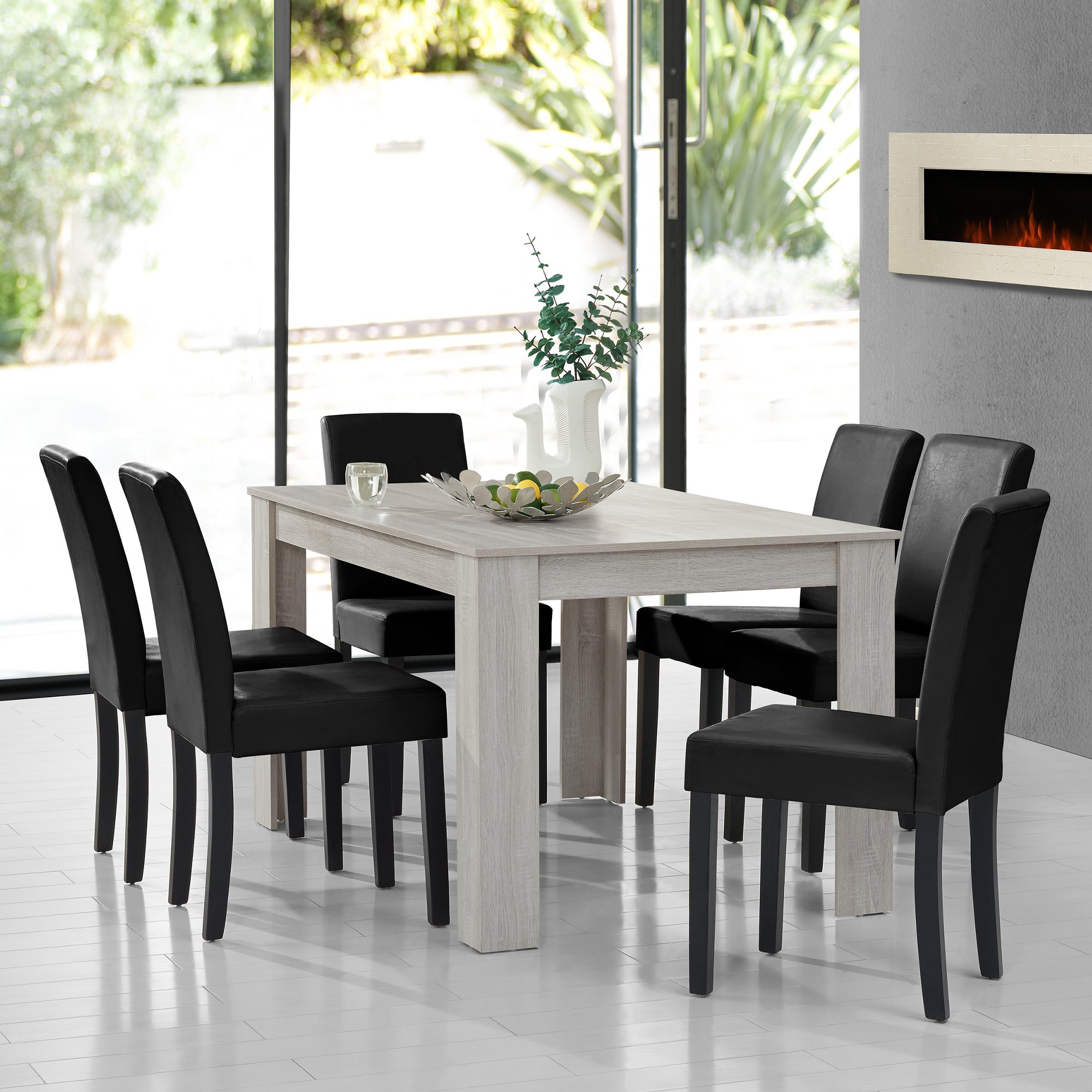 [en.casa] Esstisch Eiche weiß mit 6 Stühlen schwarz Kunstleder gepolstert 140x90 Essgruppe Esszimmer