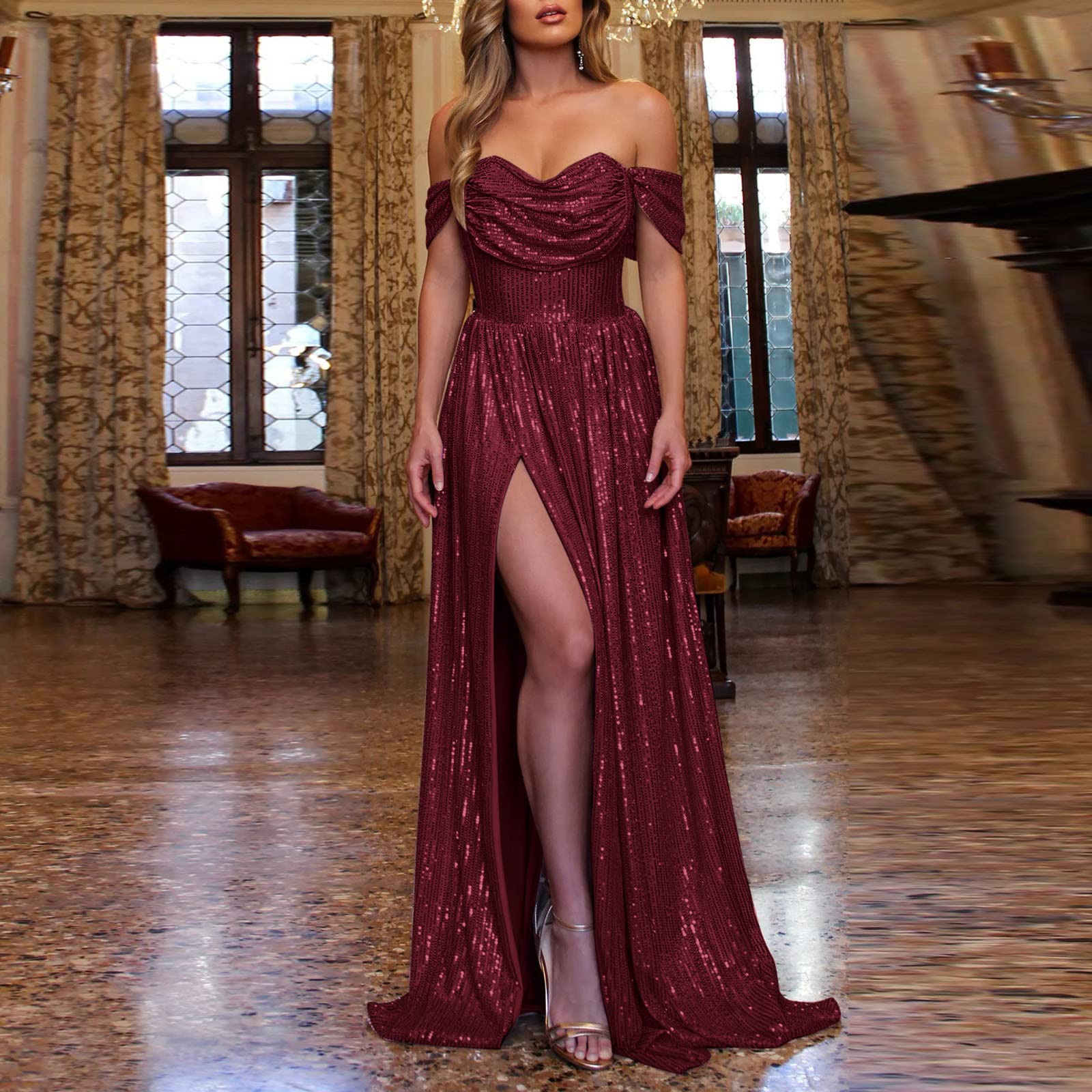 Maxi abito da donna con spalle scoperte, elegante, formale, per feste, da sera, da cocktail, elegante, sexy, tinta unita, con brillantini