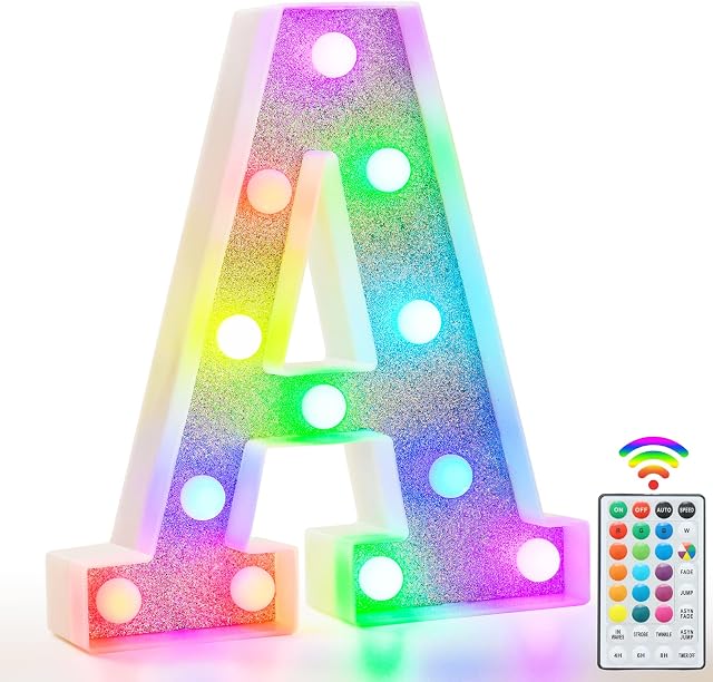 Colorful Light Up Letters, Glitter LED Letter Lights 18 Color Changing Shiny Alphabet Sign Gifts for Girls Women Party Birthday Decorations Remote Night Light Christmas Valentine Wall Table Decor - A