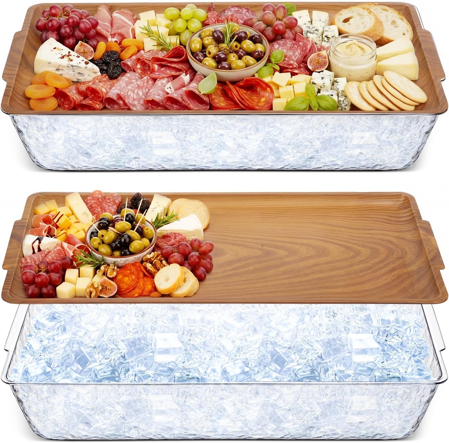 Baderke 2 Set 16" x 9" Plastic Chilled Serving Tray for Parties with Compartments Ice Chilled Party Platter Charcuterie Serving Board Cold Dish Dip for Fruit Seafood Vegetable Appetizer (Dark Wood)