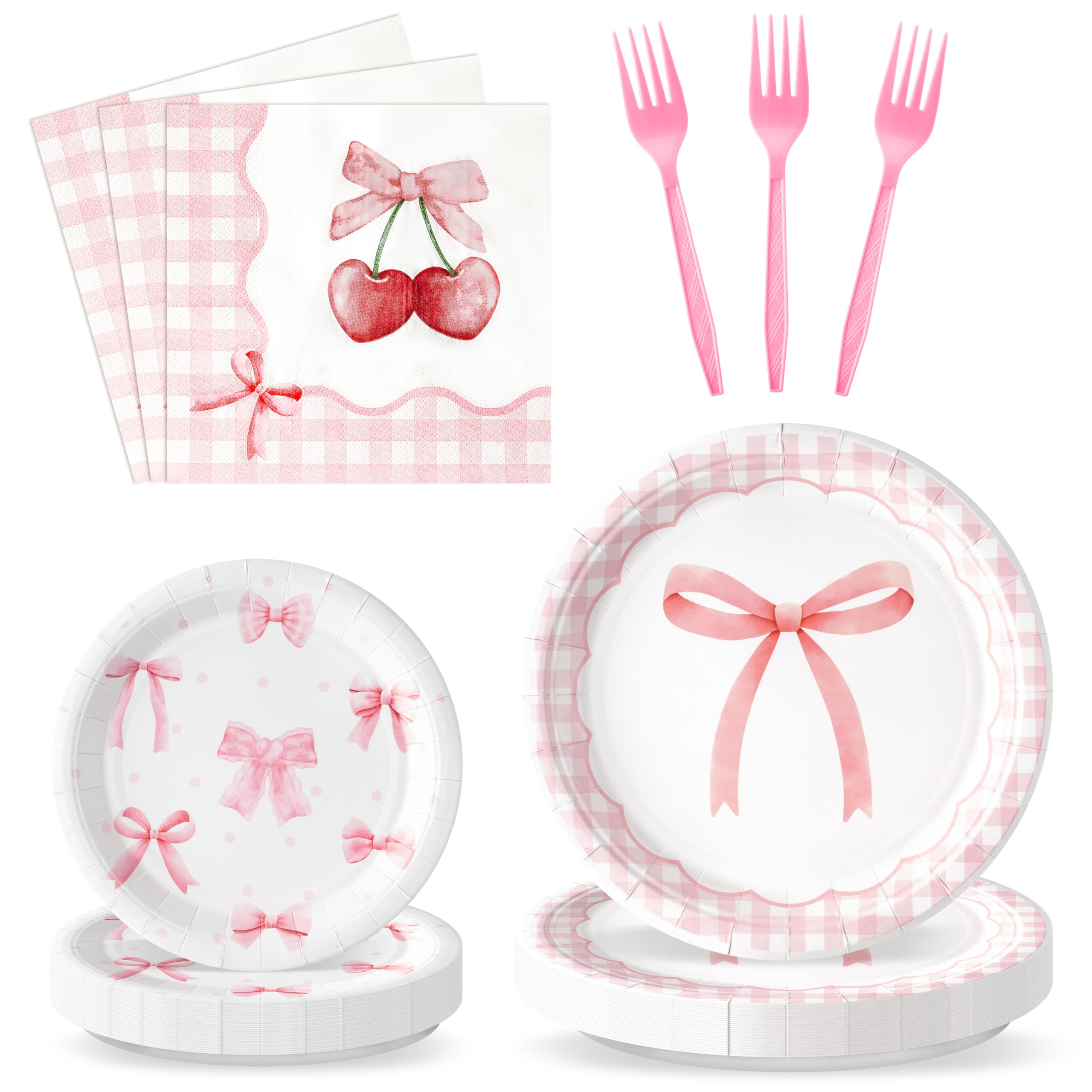 Pink Bow Party Plates & Supplies - 96 Piece Set -1