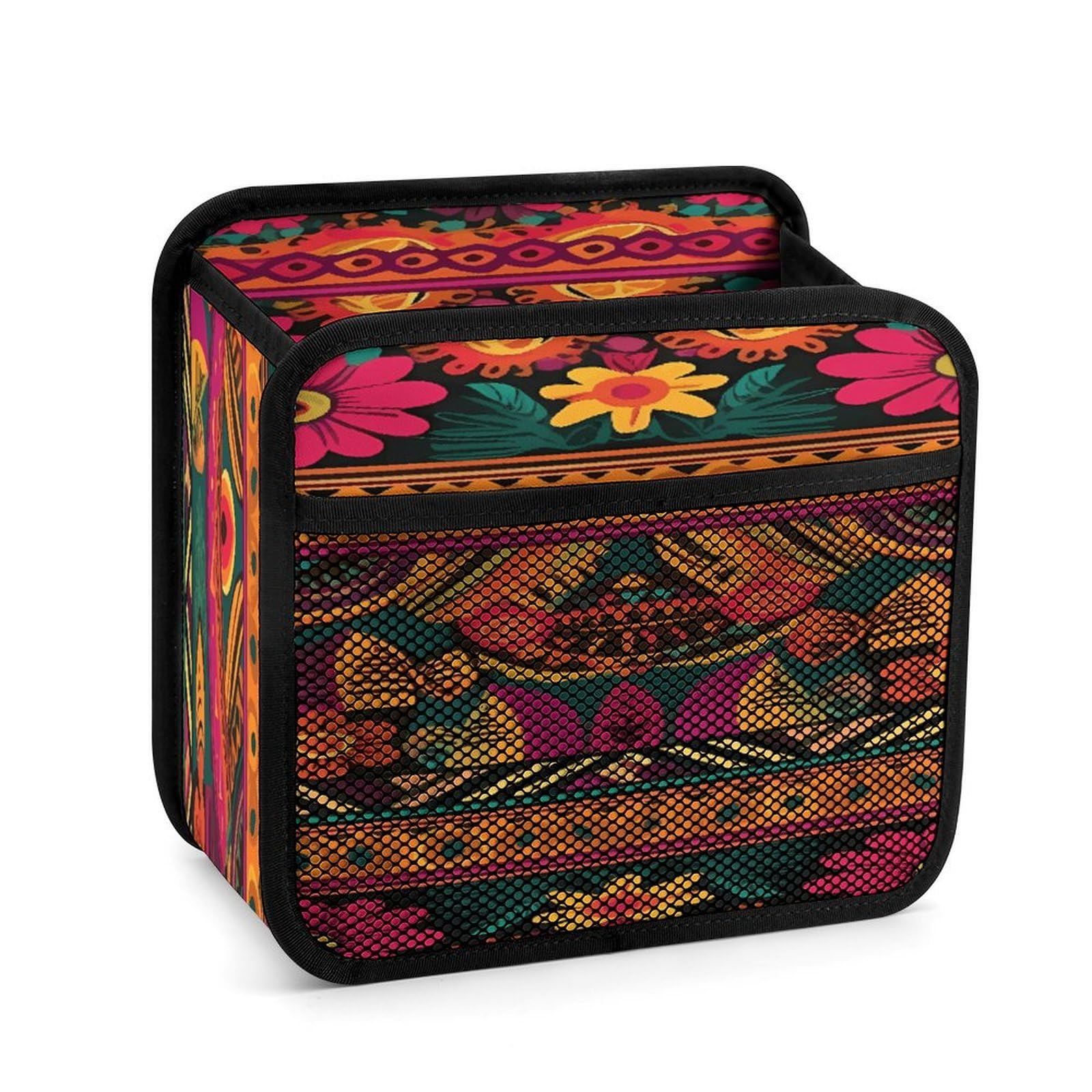 FekiLoot Mexican Folk Art Boho Backseat Car Organizer - Premium PU Leather Hanging Car Seat Organizer with Storage Mesh Pockets, Large Capacity Car Backseat Organizer Travel Accessories
