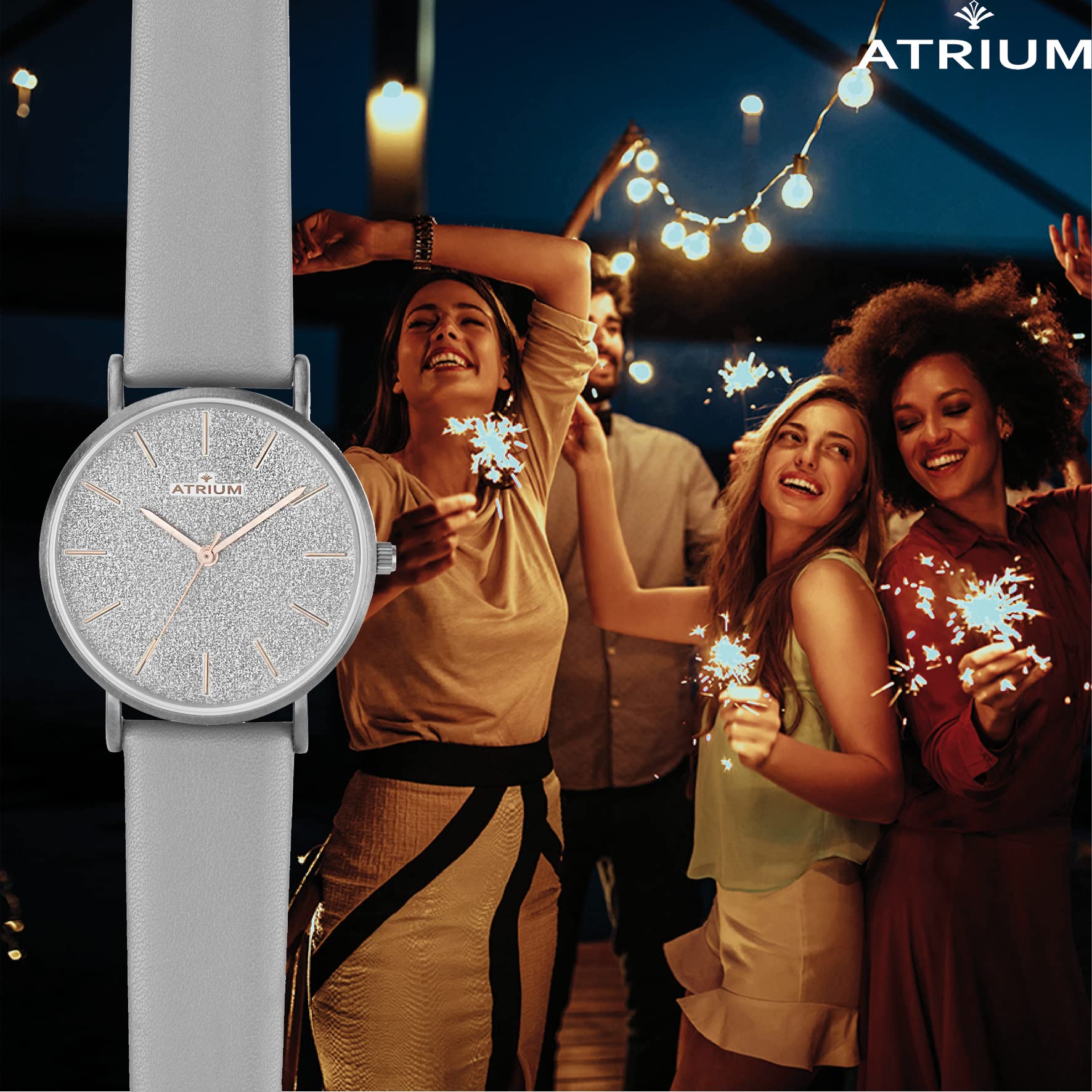 ATRIUM Damen Armbanduhr Analog Quarz mit Lederimitat Armband vegan und Glitzer Zifferblatt silberfarben A35-10