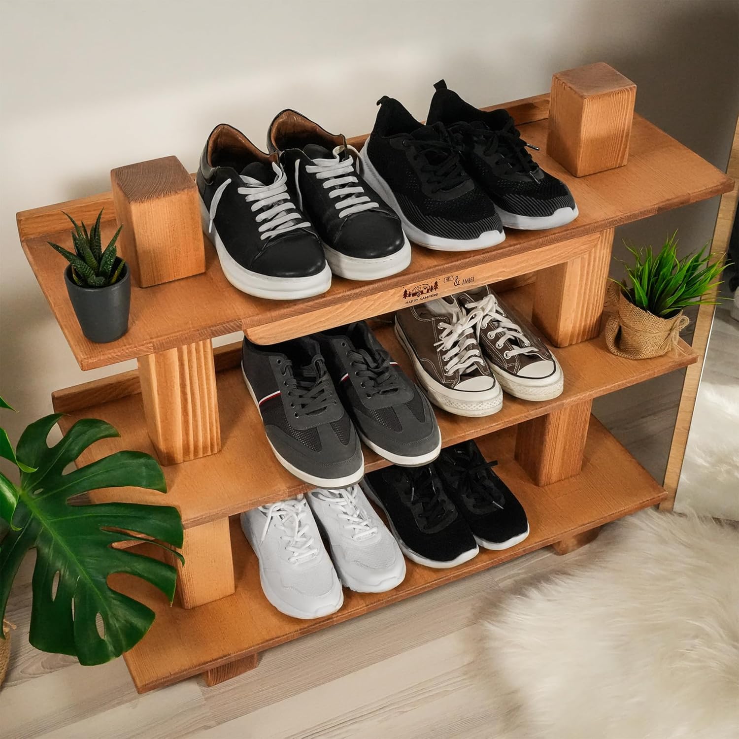 Wooden Shoe Rack, Custom Engraved Family Name Shoe Storage, Rustic Camping Gift, Personalized Shoe Rack, Camper, Happy Campers